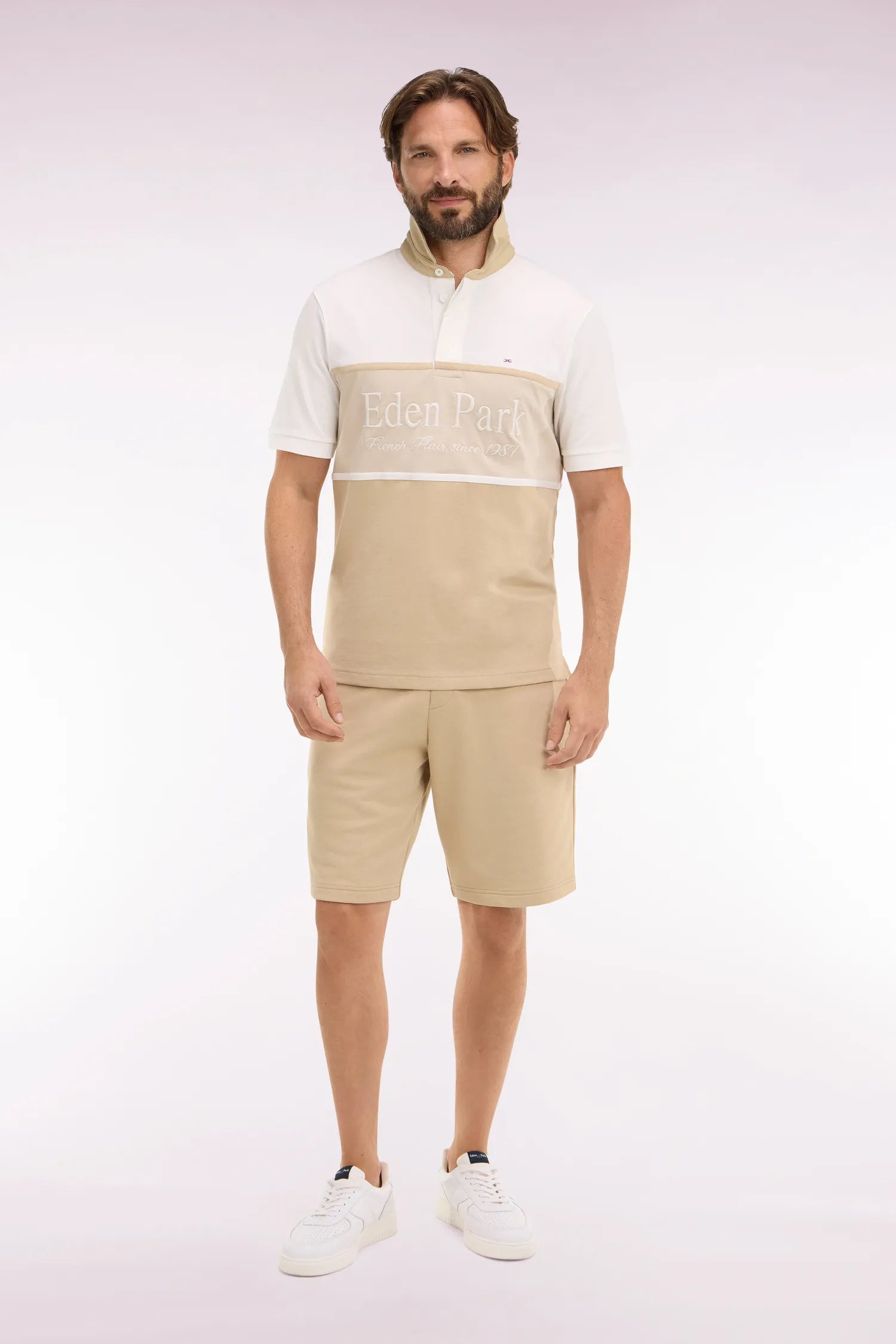 Eden Park Beige Men Beige Cotton Fleece Shorts with Coat of Arms Embroidery SKU: E26MAISH0016_BEC21 Image 01