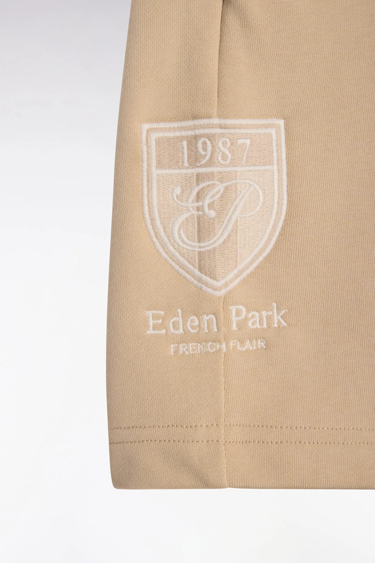 Eden Park Beige Men Beige Cotton Fleece Shorts with Coat of Arms Embroidery SKU: E26MAISH0016_BEC21 Image 06