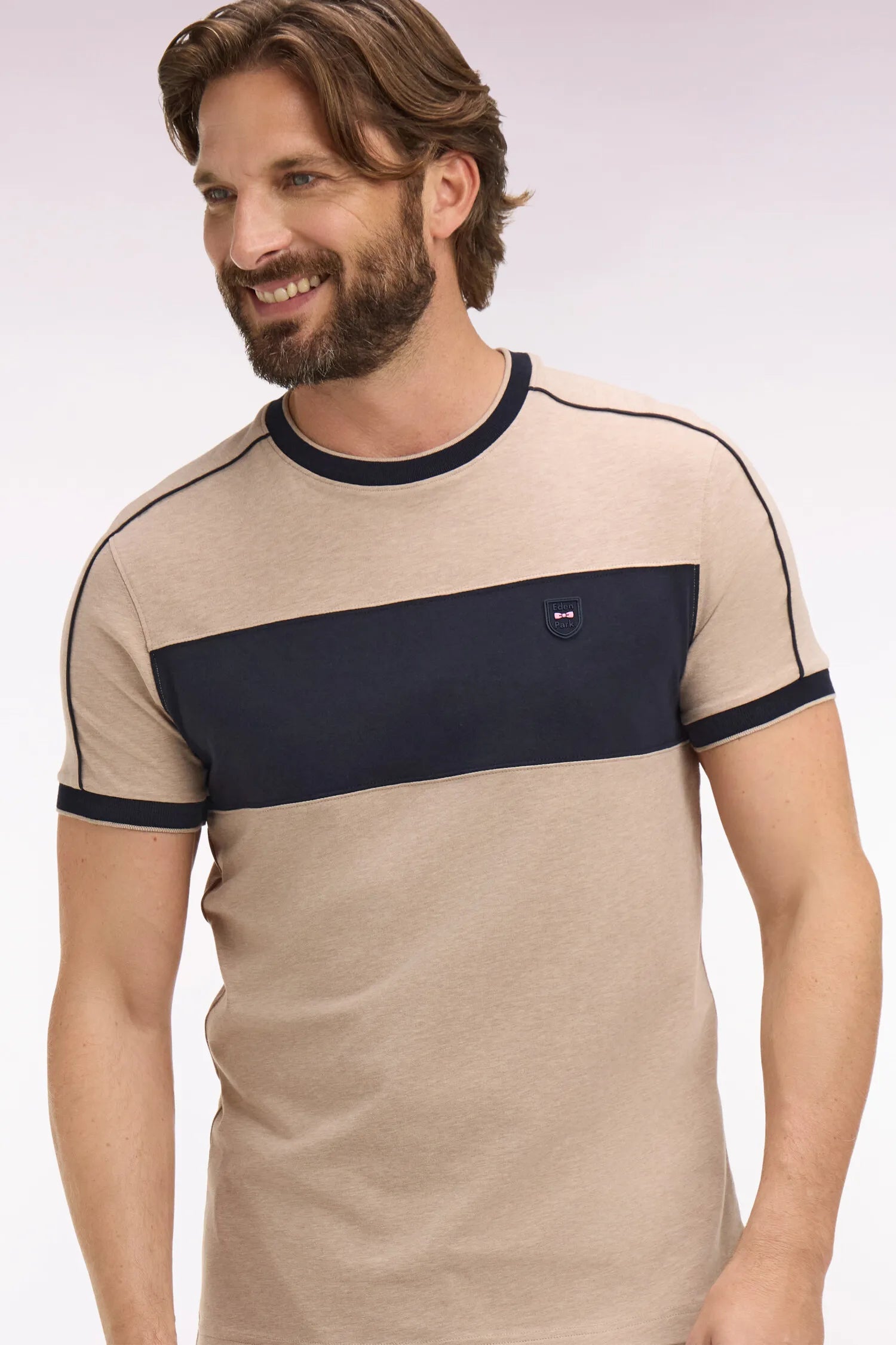 Eden Park Beige Men Short-Sleeved Beige Stretch Cotton T-Shirt with Slim-Fit Cutouts SKU: E26MAITC0011_BEC13 Image 03