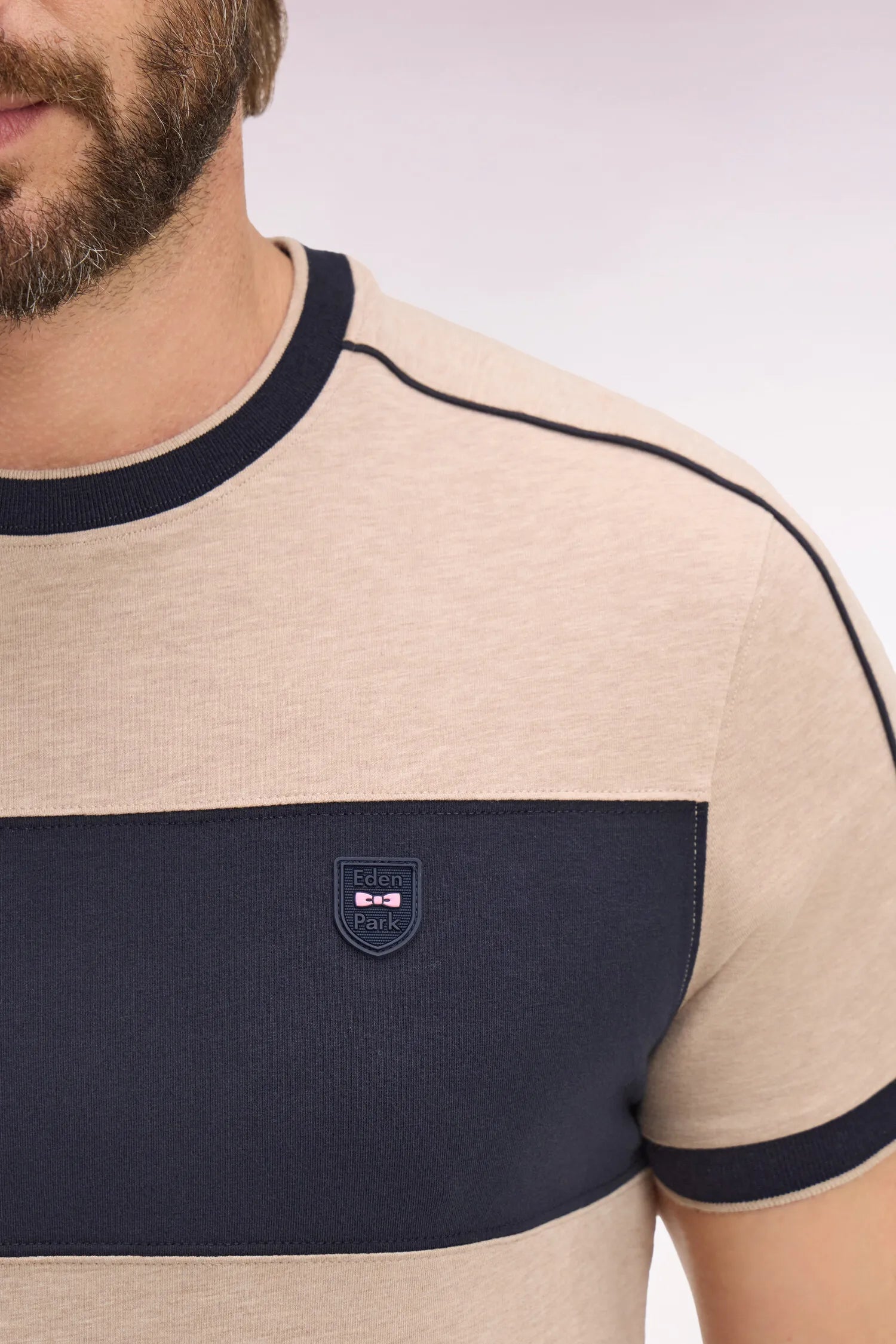 Eden Park Beige Men Short-Sleeved Beige Stretch Cotton T-Shirt with Slim-Fit Cutouts SKU: E26MAITC0011_BEC13 Image 04
