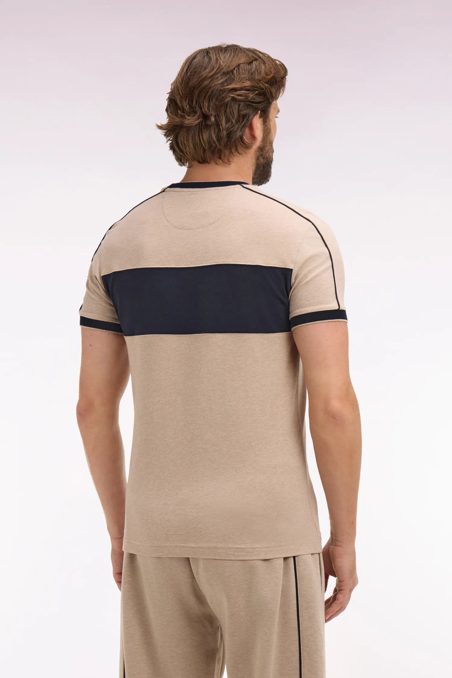 Eden Park Beige Men Short-Sleeved Beige Stretch Cotton T-Shirt with Slim-Fit Cutouts SKU: E26MAITC0011_BEC13 Image 05