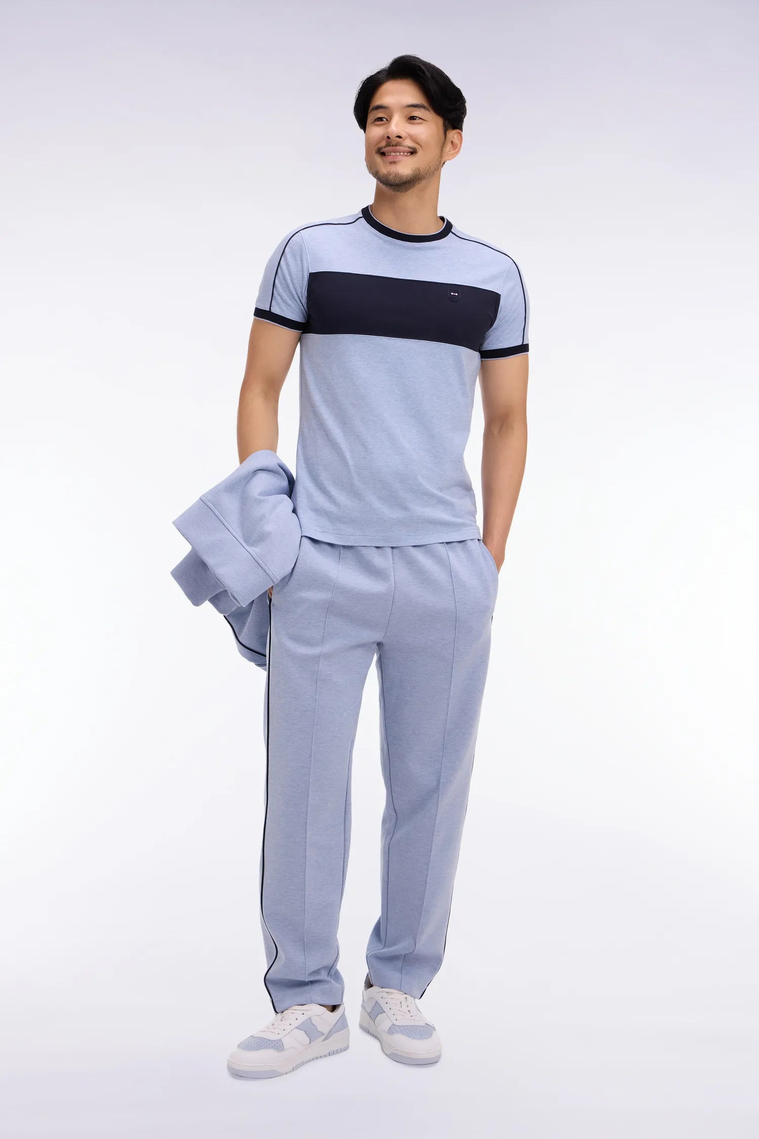 Eden Park Sky Blue Men Short-Sleeved Slim-Fit Stretch Cotton T-Shirt in Sky Blue with Cutouts SKU: E26MAITC0011_BLC21 Image 03