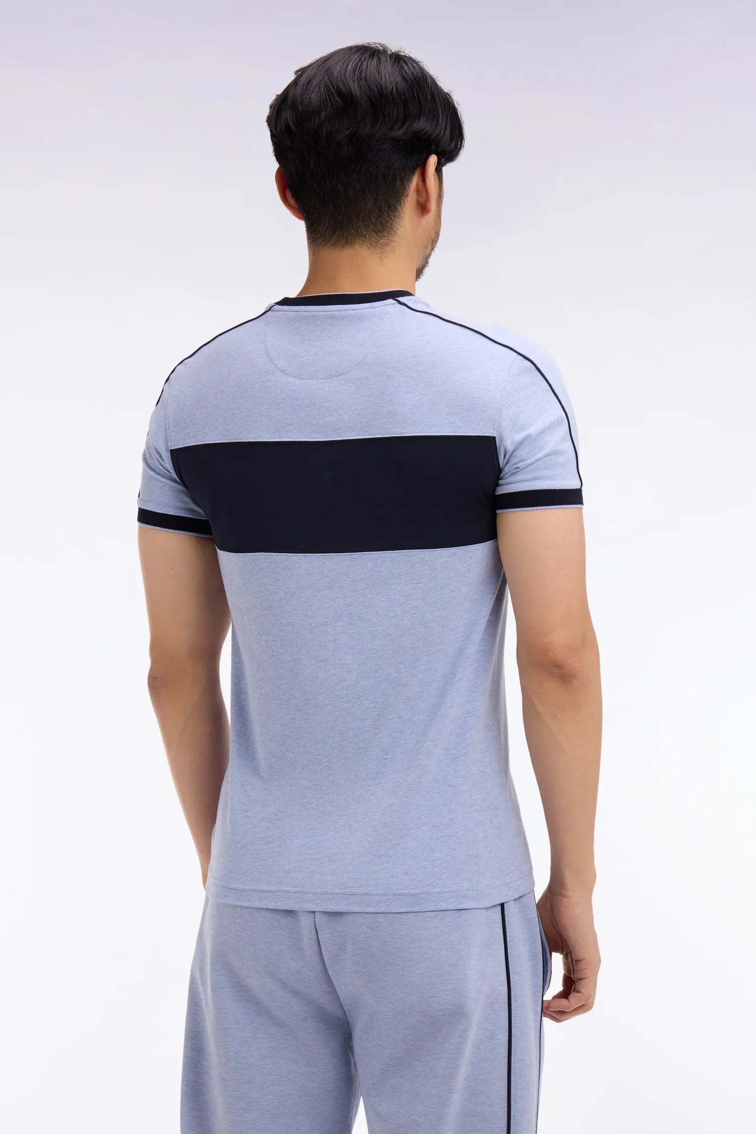 Eden Park Sky Blue Men Short-Sleeved Slim-Fit Stretch Cotton T-Shirt in Sky Blue with Cutouts SKU: E26MAITC0011_BLC21 Image 05