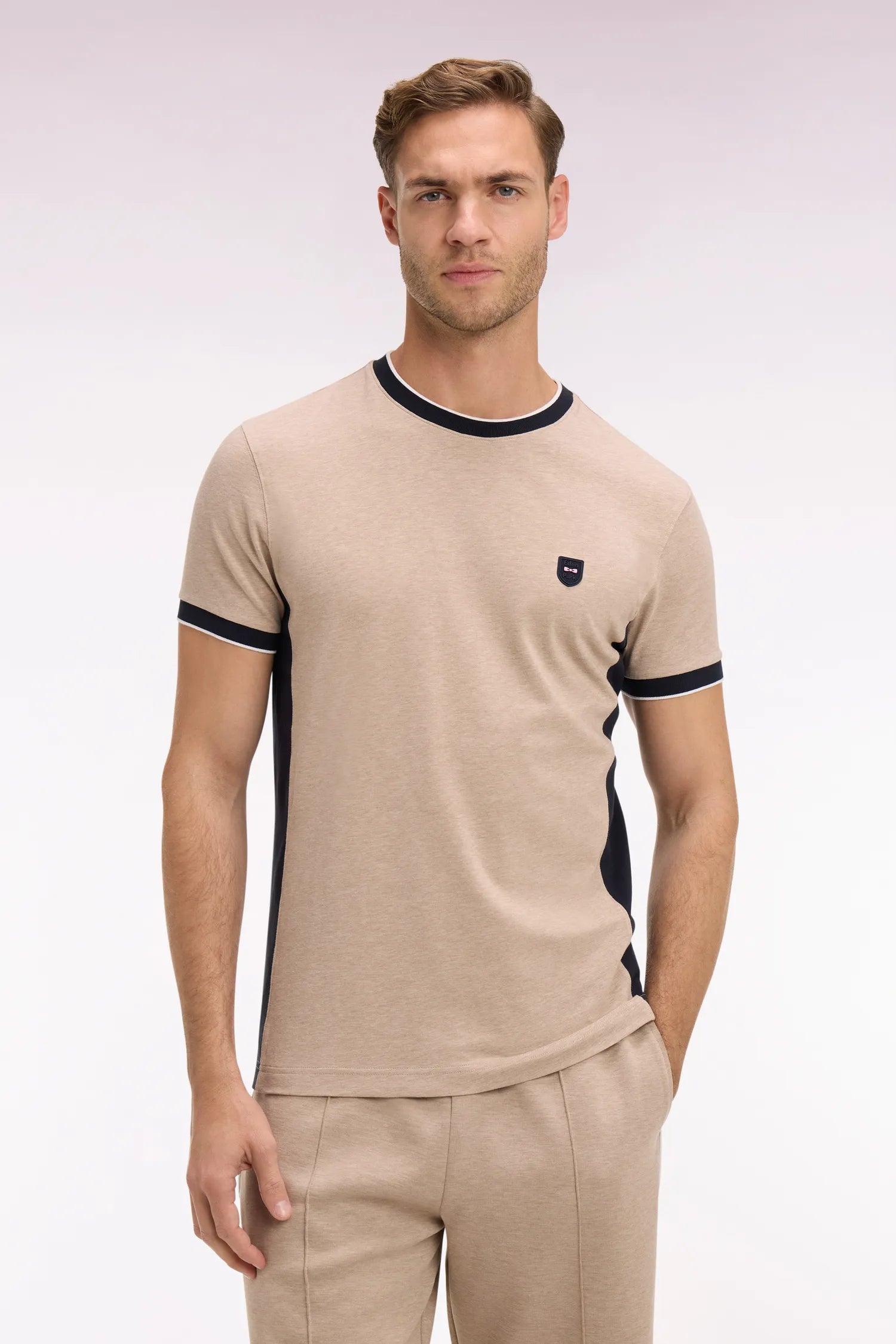 Eden Park Beige Men Short-Sleeved Beige Stretch Cotton T-Shirt with Slim-Fit Cutouts SKU: E26MAITC0013_BEC13 Image 01