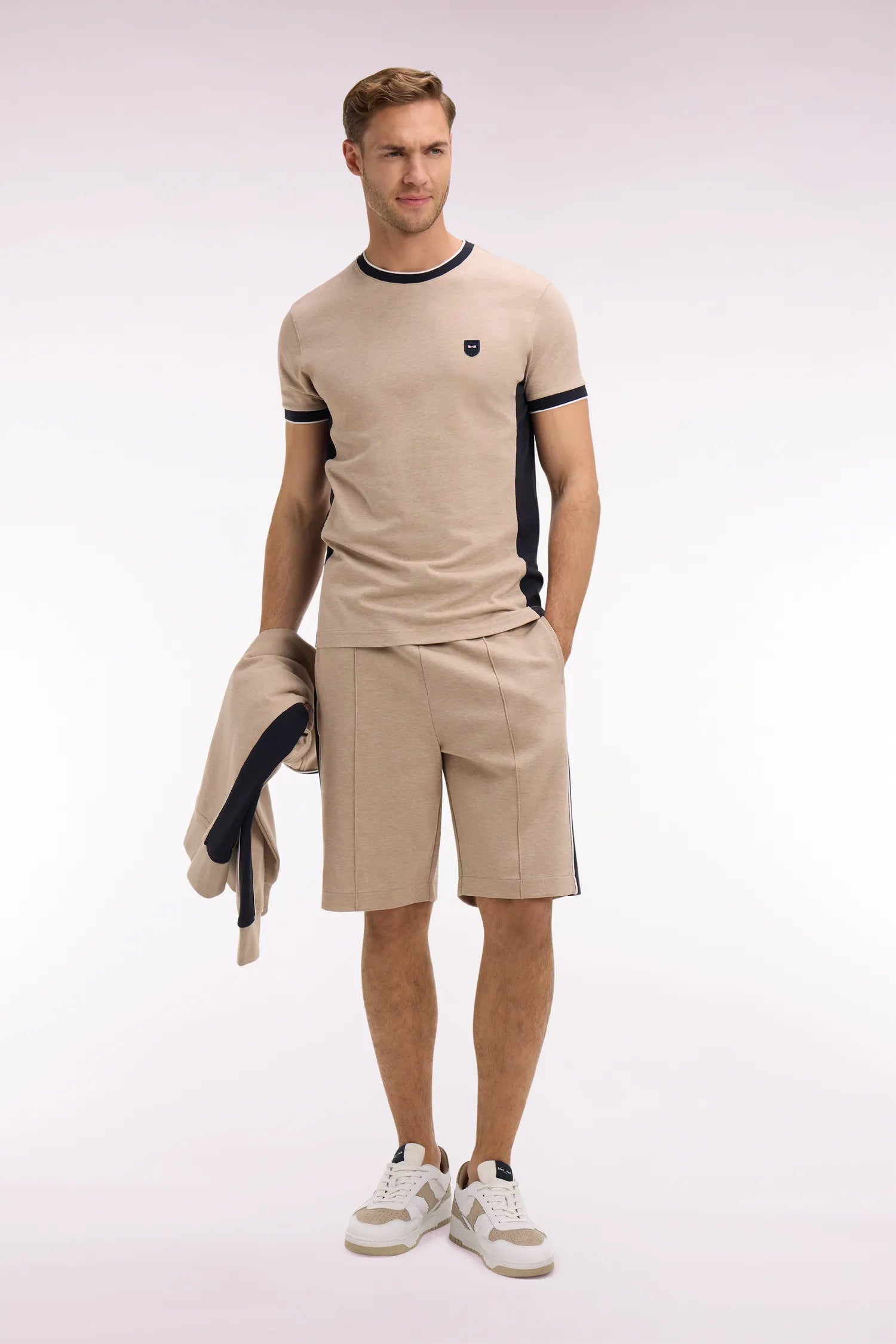 Eden Park Beige Men Short-Sleeved Beige Stretch Cotton T-Shirt with Slim-Fit Cutouts SKU: E26MAITC0013_BEC13 Image 03