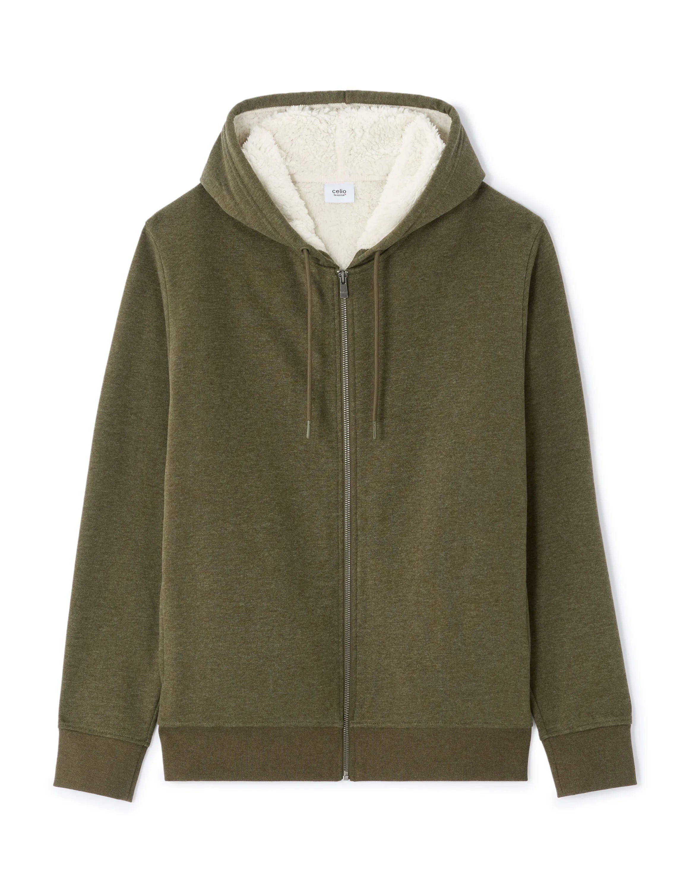 Celio_Green_Sherpa-Lined Zip-Up Hoodie - Khaki_FESHERPAX_HEATHER KHAKI_01