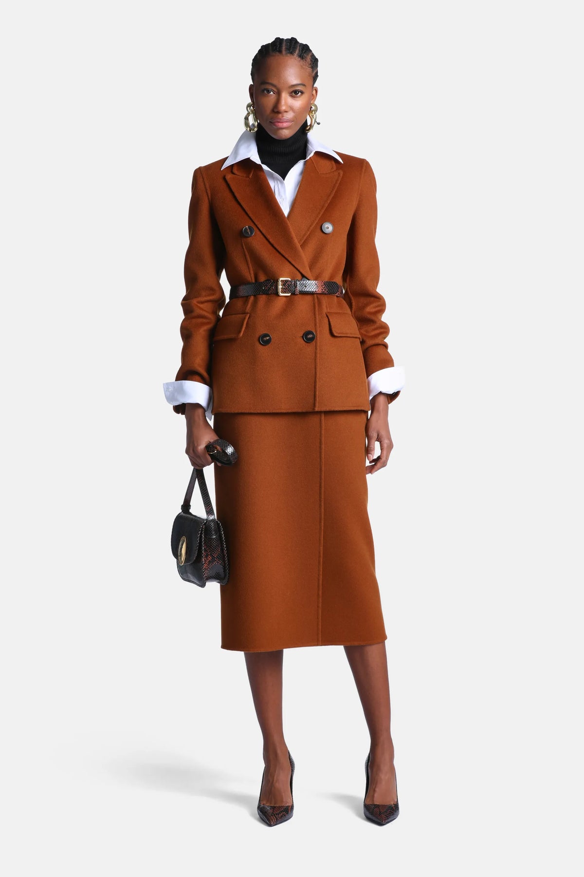 Luisa Spagnoli Tabacco Women Floriana Wool-Blend Midi Skirt - Fashion Show SKU: FLORIANA_2214 Image 04