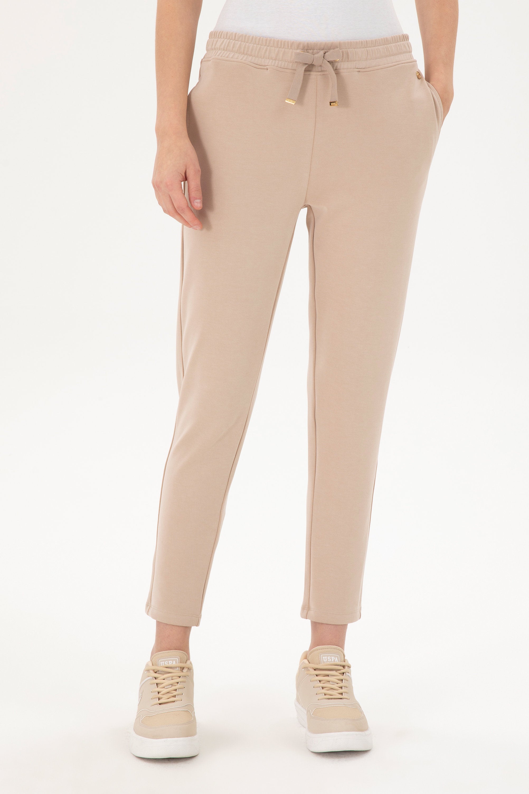 Beige High Waist Sweatpants with Drawstrings - BEVAVA