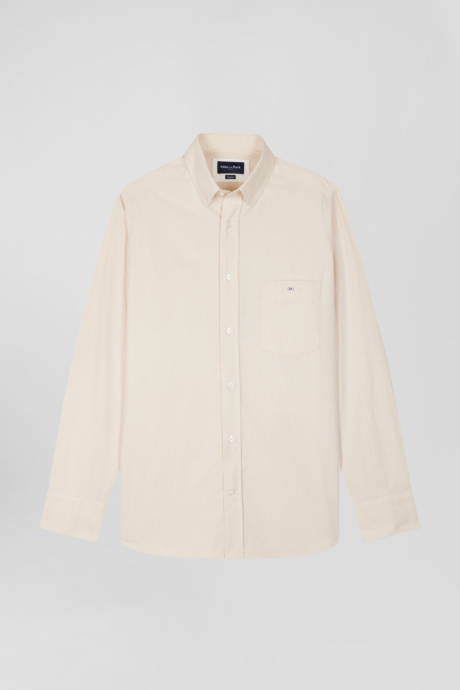 Regular Plain Beige Cotton Twill Shirt with Button-Down Collar_H24CHECL0015_BEC2_03