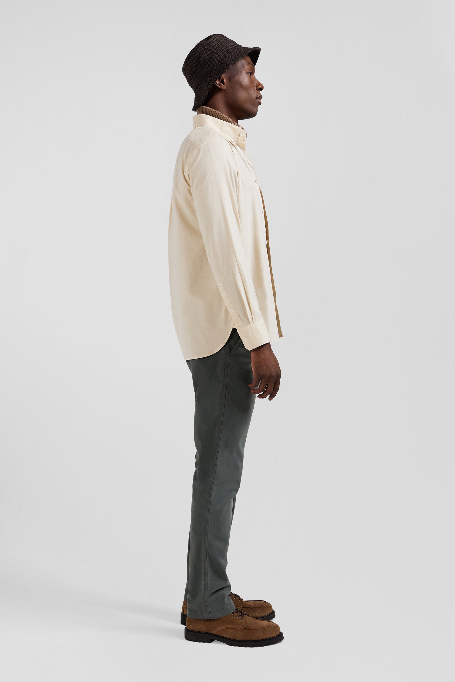 Regular Plain Beige Cotton Twill Shirt with Button-Down Collar_H24CHECL0015_BEC2_09