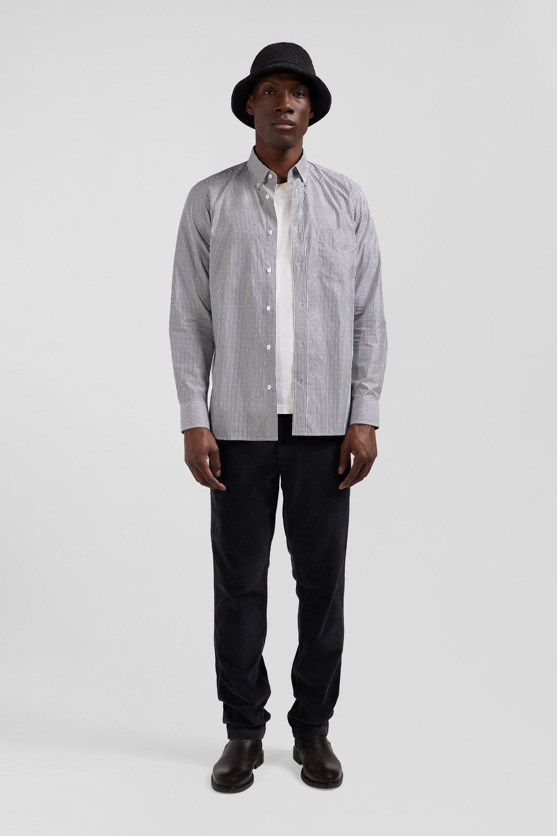 Regular Navy Blue Striped Cotton Jacquard Shirt_H24CHECL0019_BLF_02