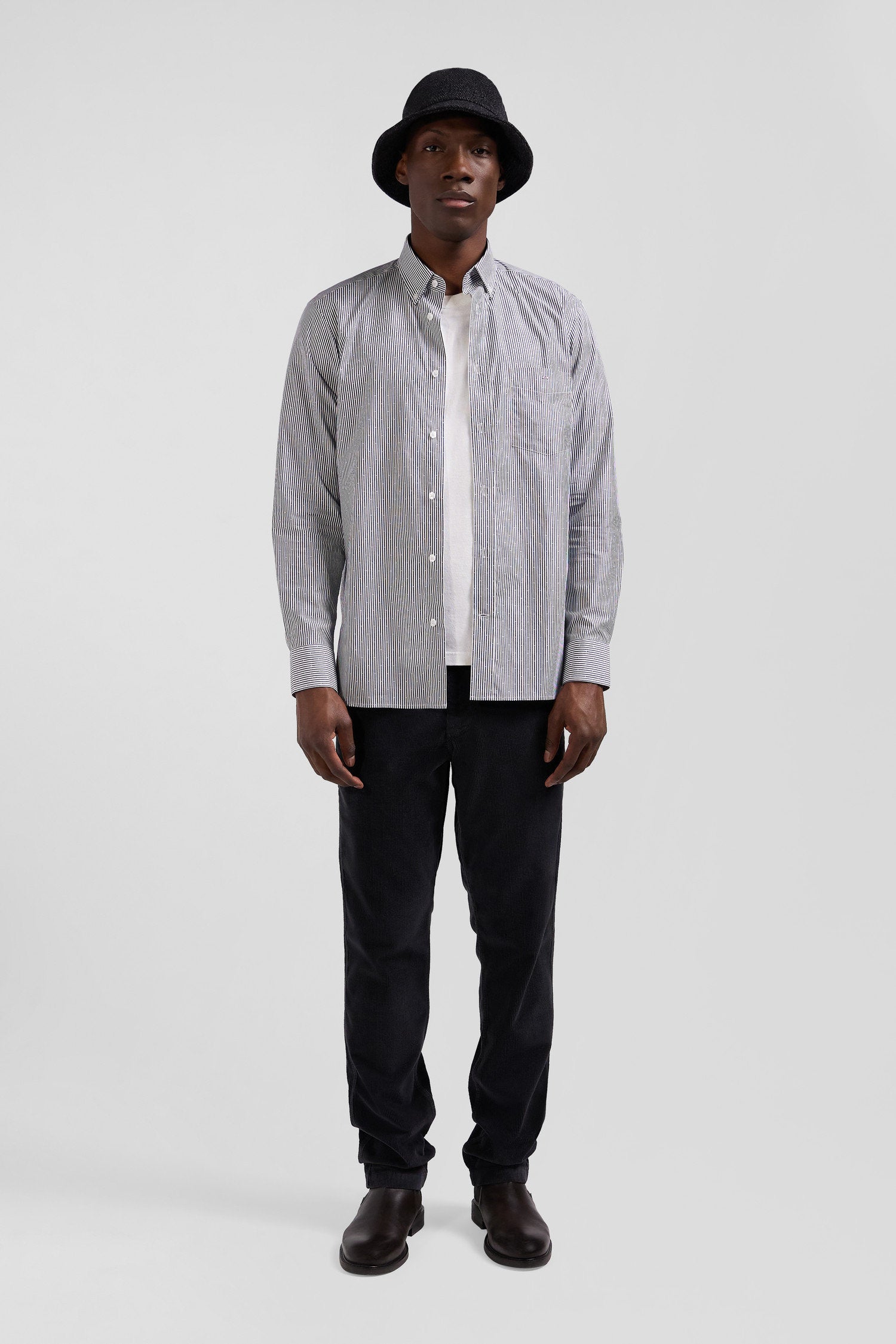 Regular Navy Blue Striped Cotton Jacquard Shirt_H24CHECL0019_BLF_02