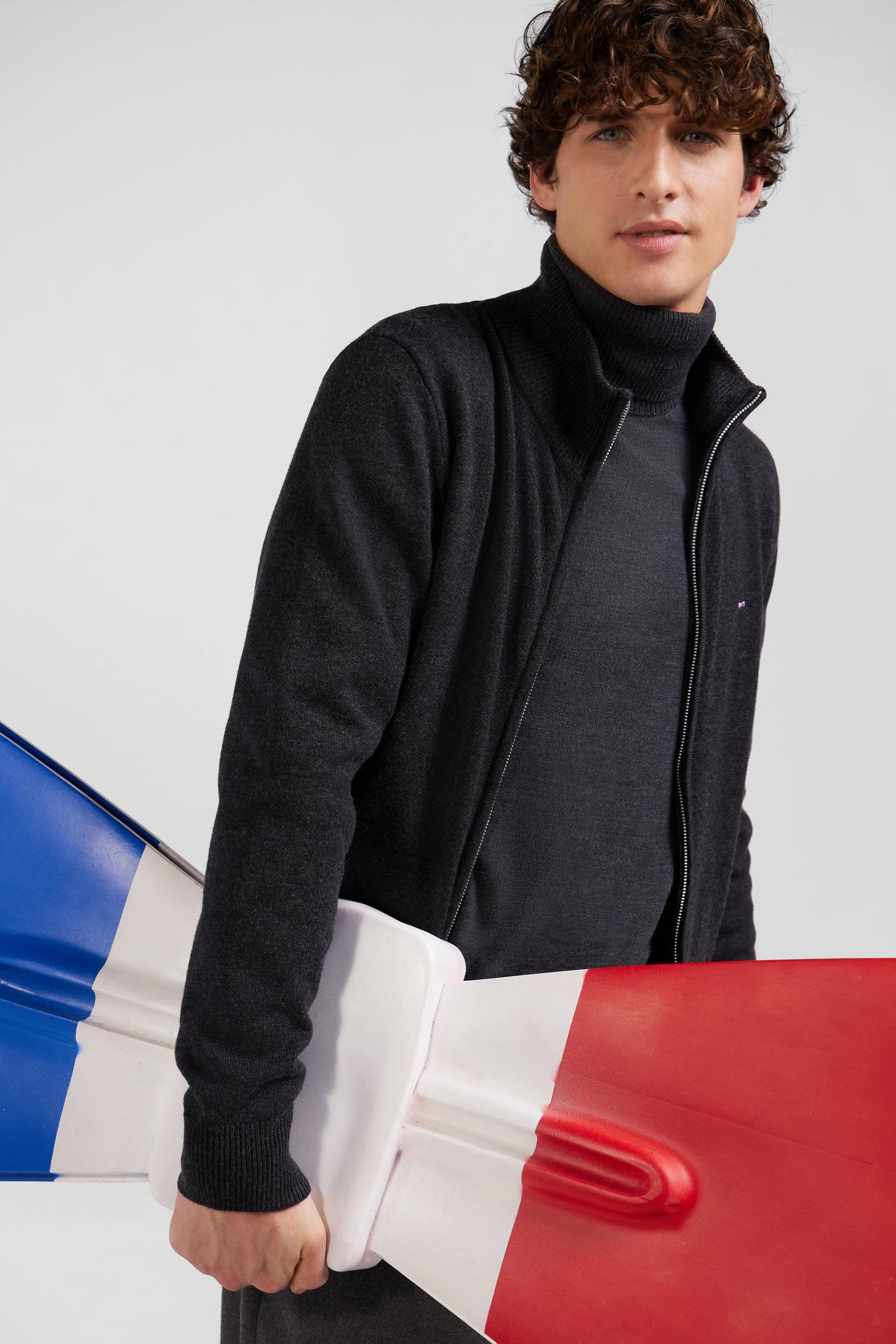 Regular Anthracite Grey Plain Wool and Cotton Zipped Cardigan_H24MAICA0004_GRF7_01