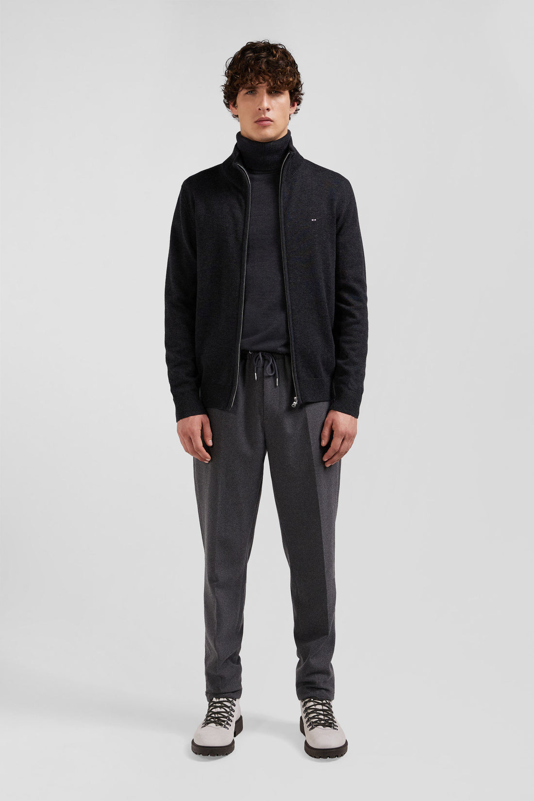 Regular Anthracite Grey Plain Wool and Cotton Zipped Cardigan_H24MAICA0004_GRF7_02