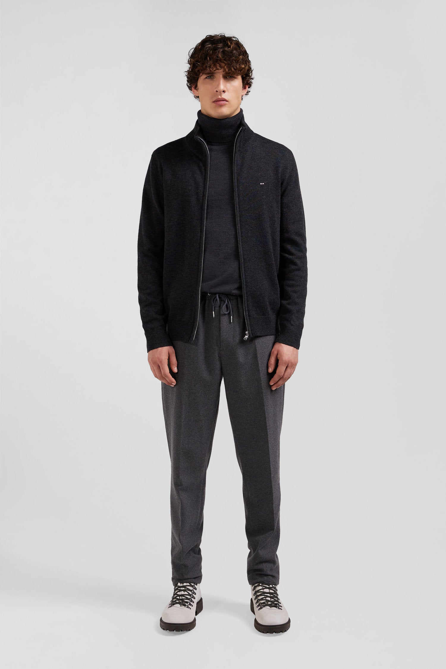 Regular Anthracite Grey Plain Wool and Cotton Zipped Cardigan_H24MAICA0004_GRF7_02