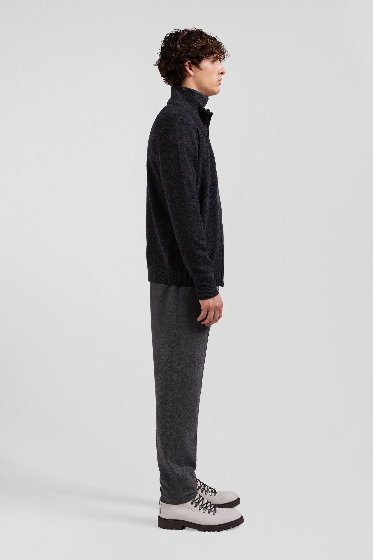 Regular Anthracite Grey Plain Wool and Cotton Zipped Cardigan_H24MAICA0004_GRF7_09