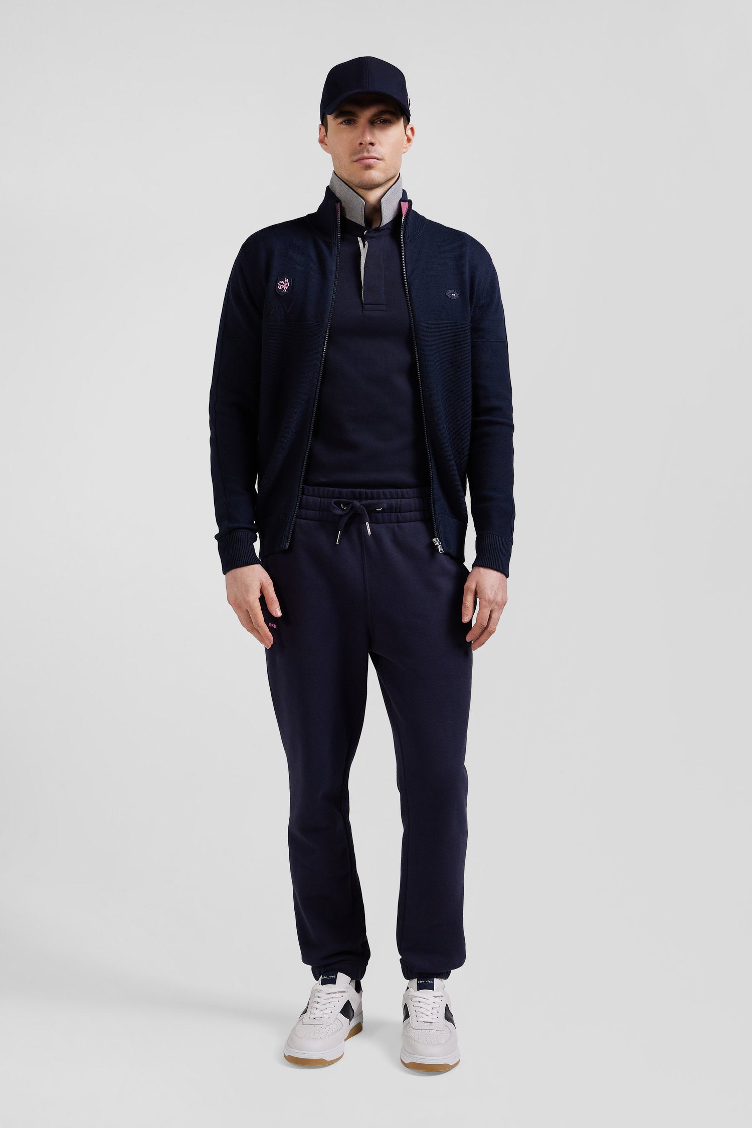 Regular Navy Blue Cotton Zipped Cardigan with Xv De France Rubber Badge and Tricolour Details_H24MAICA0027_BLF_02