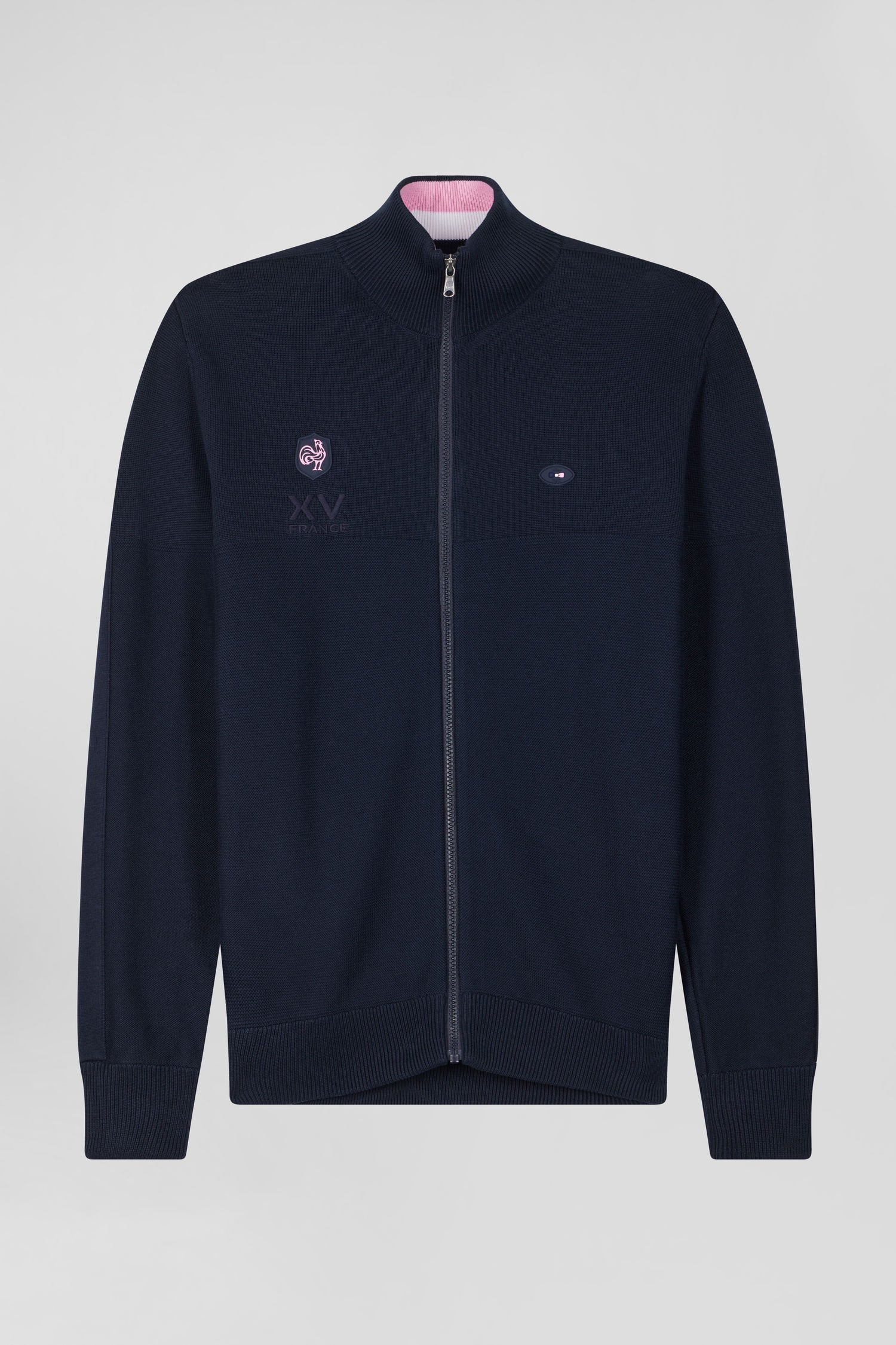Regular Navy Blue Cotton Zipped Cardigan with Xv De France Rubber Badge and Tricolour Details_H24MAICA0027_BLF_03