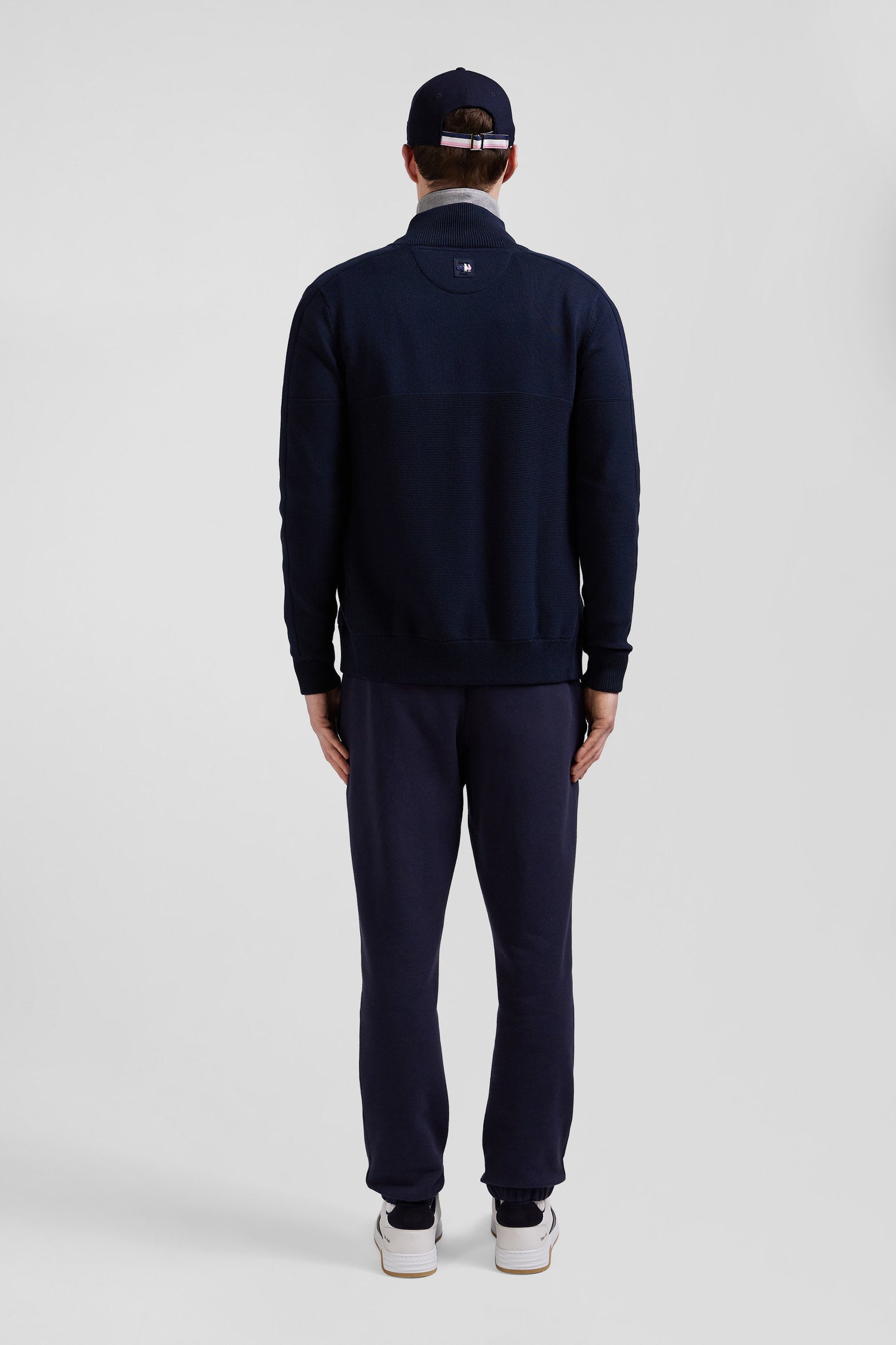 Regular Navy Blue Cotton Zipped Cardigan with Xv De France Rubber Badge and Tricolour Details_H24MAICA0027_BLF_04