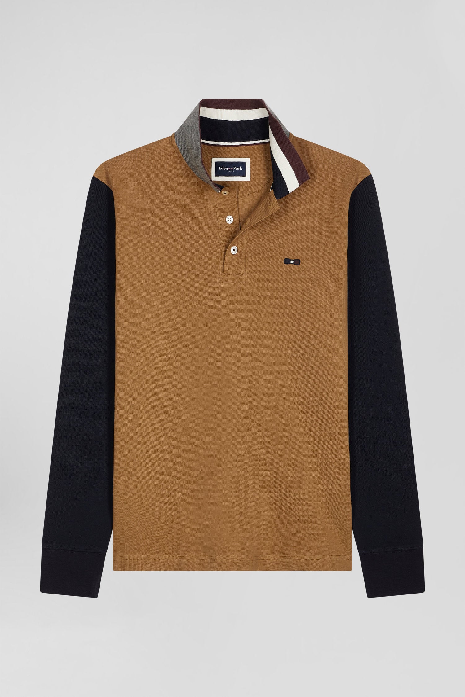 Regular Camel Bicolor Long-Sleeved Cotton PiquŽ Polo Shirt with Jacquard Collar_H24MAIPL0011_BEF4_03