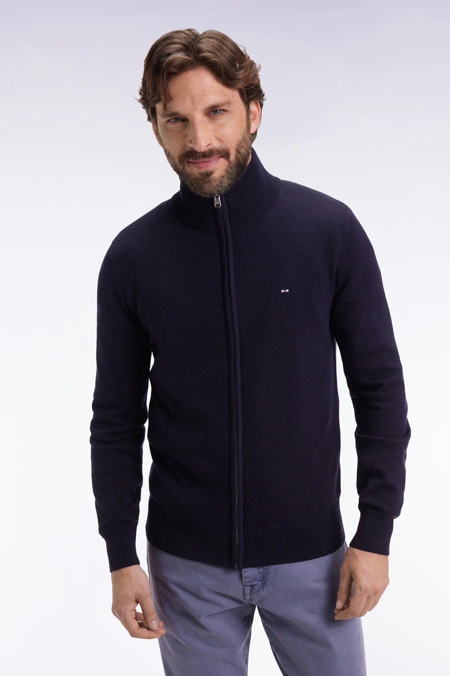 Eden Park_Blue_Zipped Cardigan in Wool and Navy Cotton Straight Cut_H25MAICA0001_BLF27_01
