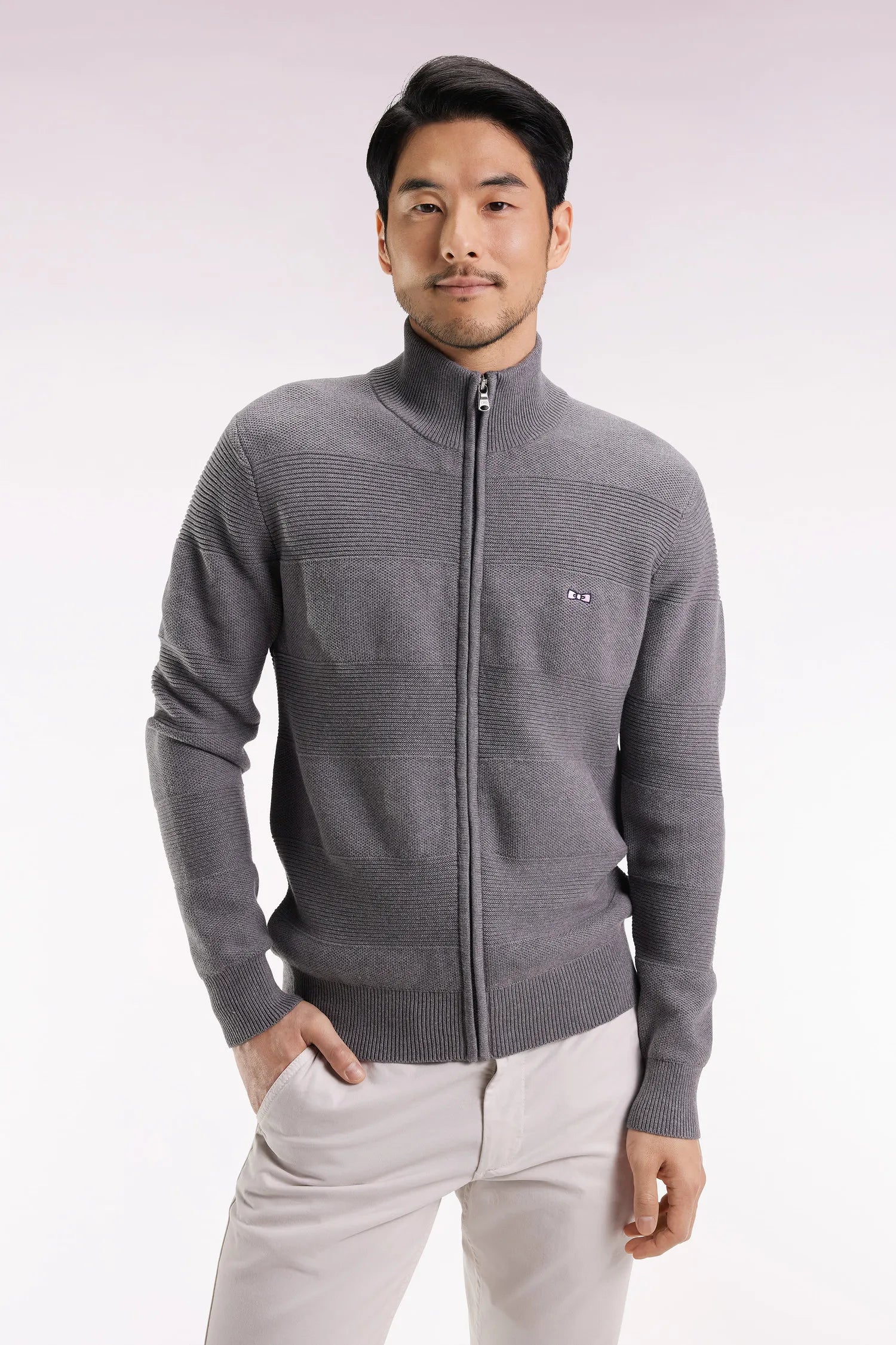 Eden Park_Grey_Grey Honeycomb Zip-Up Cardigan with Straight Cut_H25MAICA0004_GRF10_01