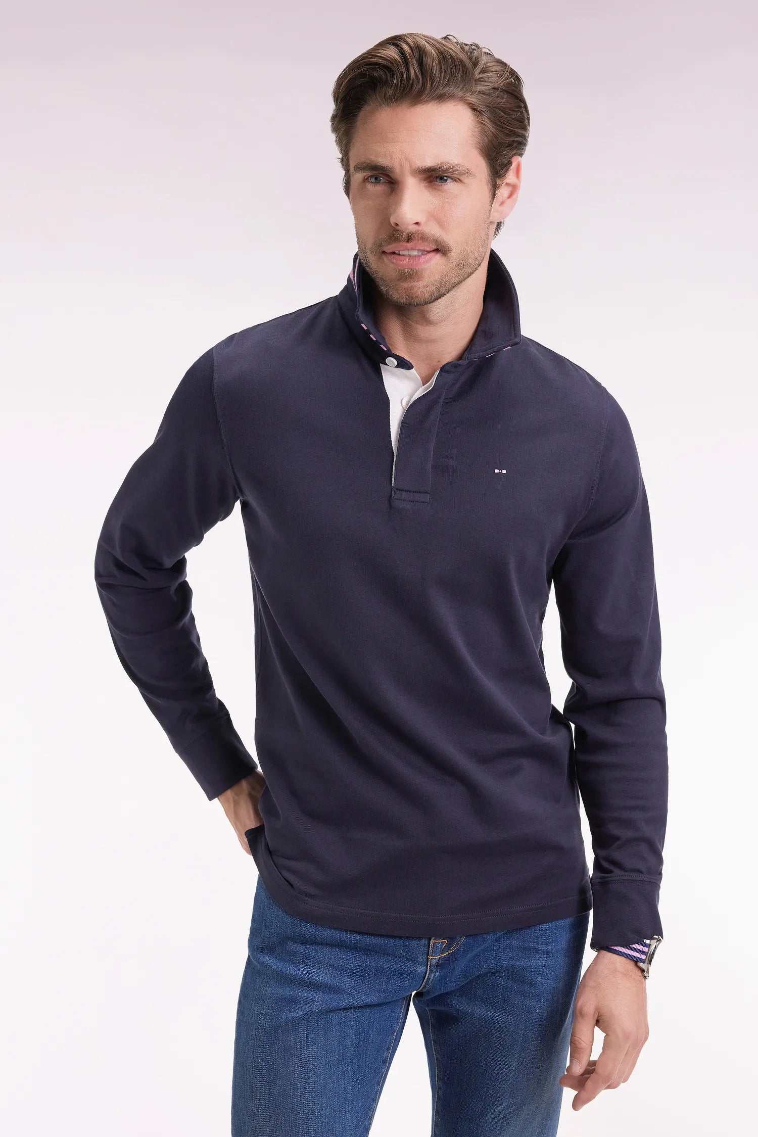 Eden Park_Blue_Long-Sleeved Jersey in Navy Jersey with Striped Collar_H25MAIML0004_BLF_01