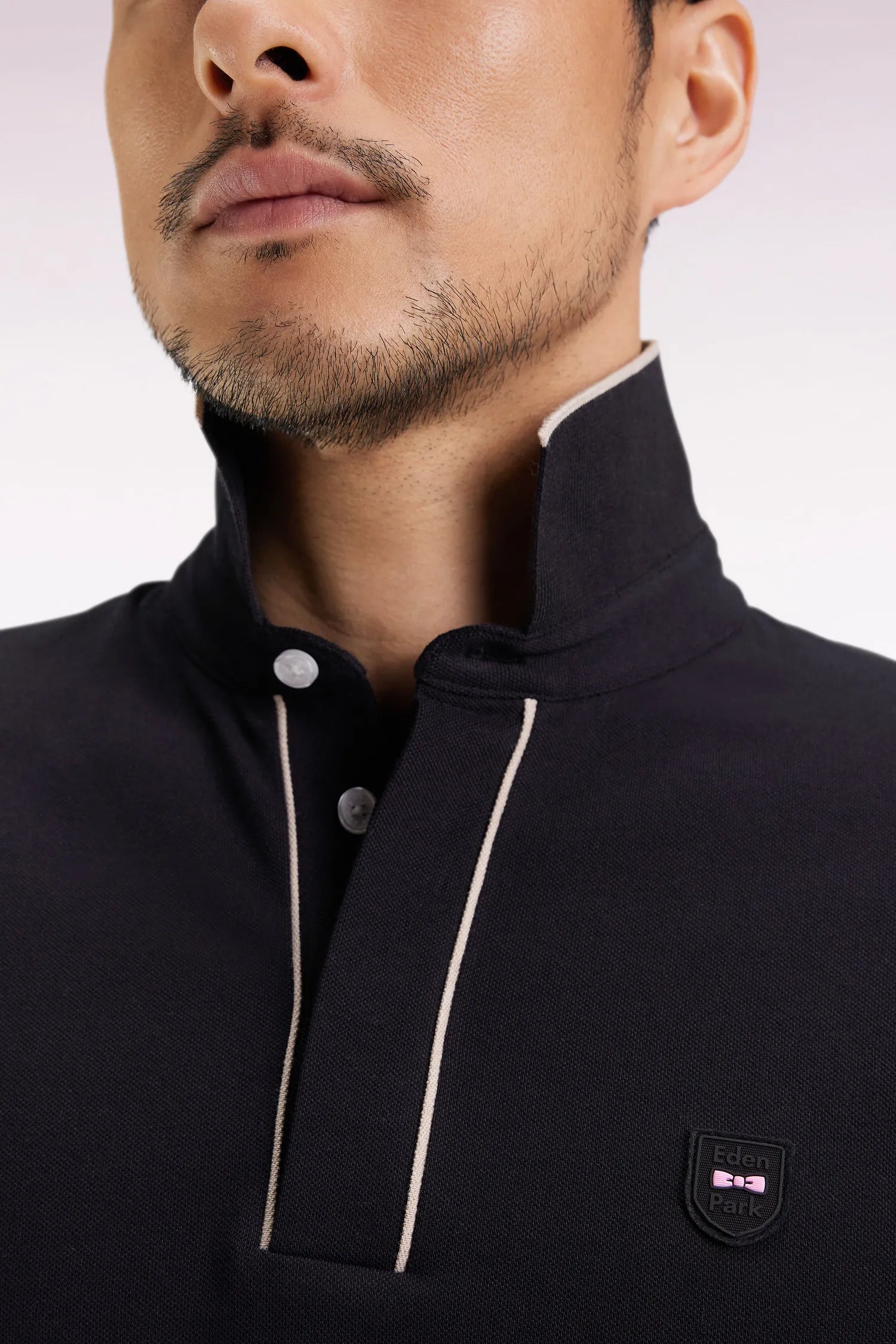Eden Park_0_Long-Sleeved Polo Shirt in Black Stretch Cotton with Slim Fit_H25MAIPL0008_NO_03