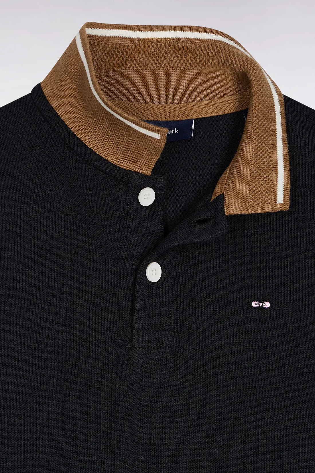 Eden Park_0_Long-Sleeved Polo Shirt in Black Cotton PiquŽ with Camel Finishes_H25MAIPL0009_NO_01