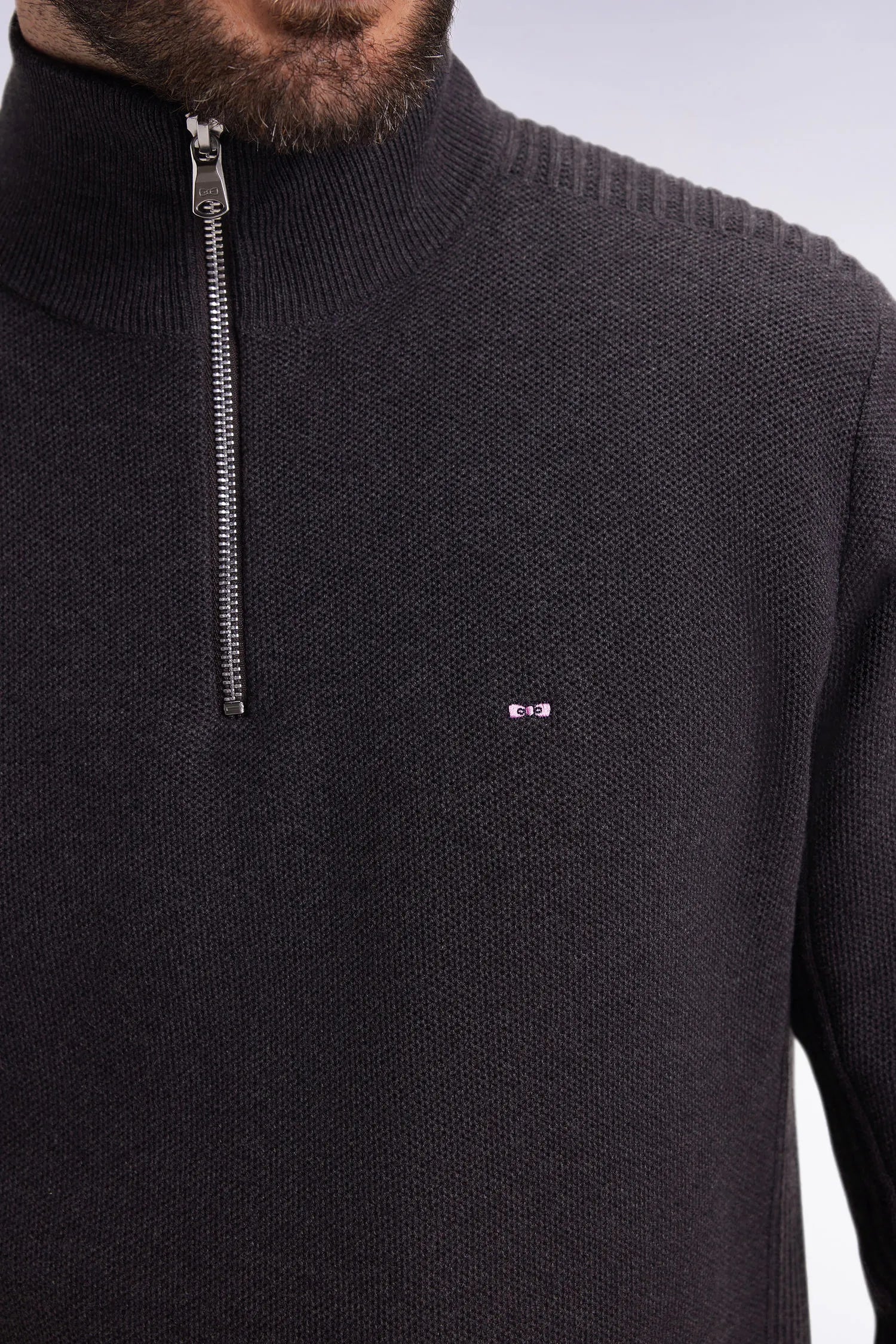 Eden Park_Grey_Dark Grey Honeycomb Cotton Trucker Collar Sweater_H25MAIPU0017_GRF7_04