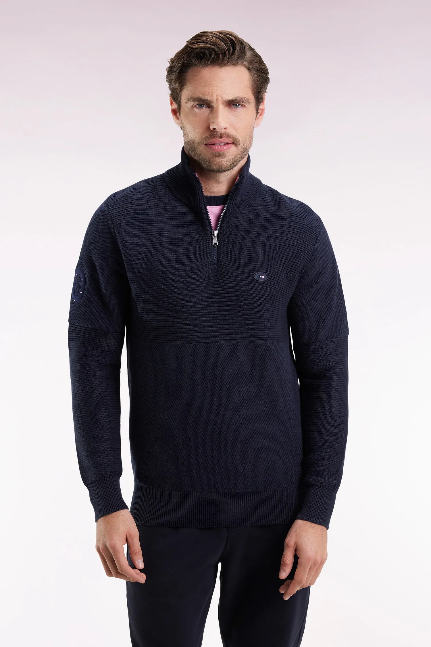 Eden Park_Blue_XV De France Trucker Collar Sweater in Navy Cotton_H25MAIPU0082_BLF_01