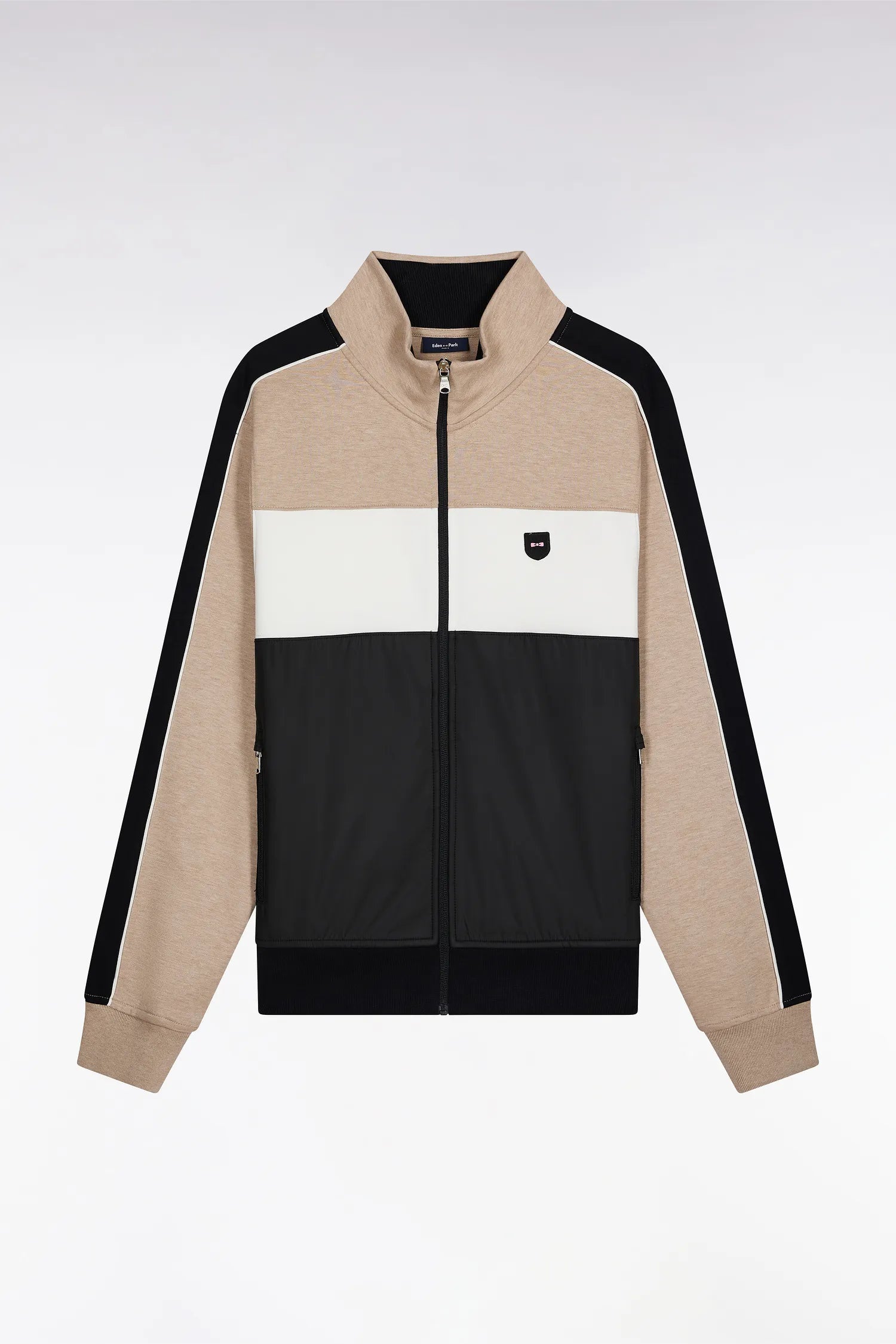 Eden Park_0_Two-Material Zipped Sweatshirt in Beige Quilted Nylon_H25MAISW0045_BEC13_02