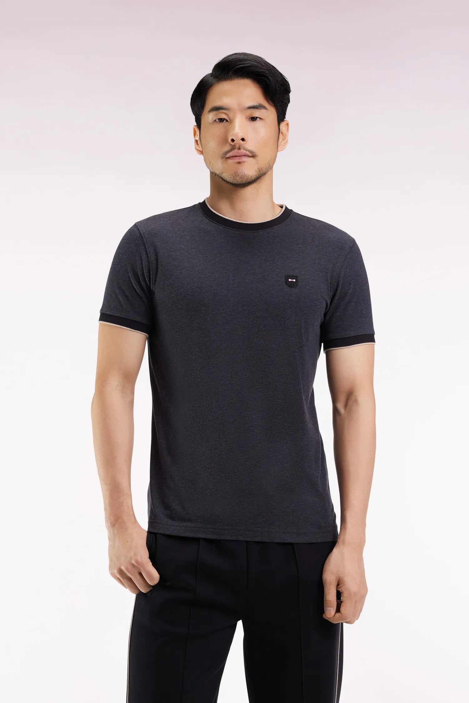 Eden Park_0_Short-Sleeved T-Shirt in Charcoal Grey Stretch Cotton with a Slim Fit_H25MAITC0029_GRF11_01