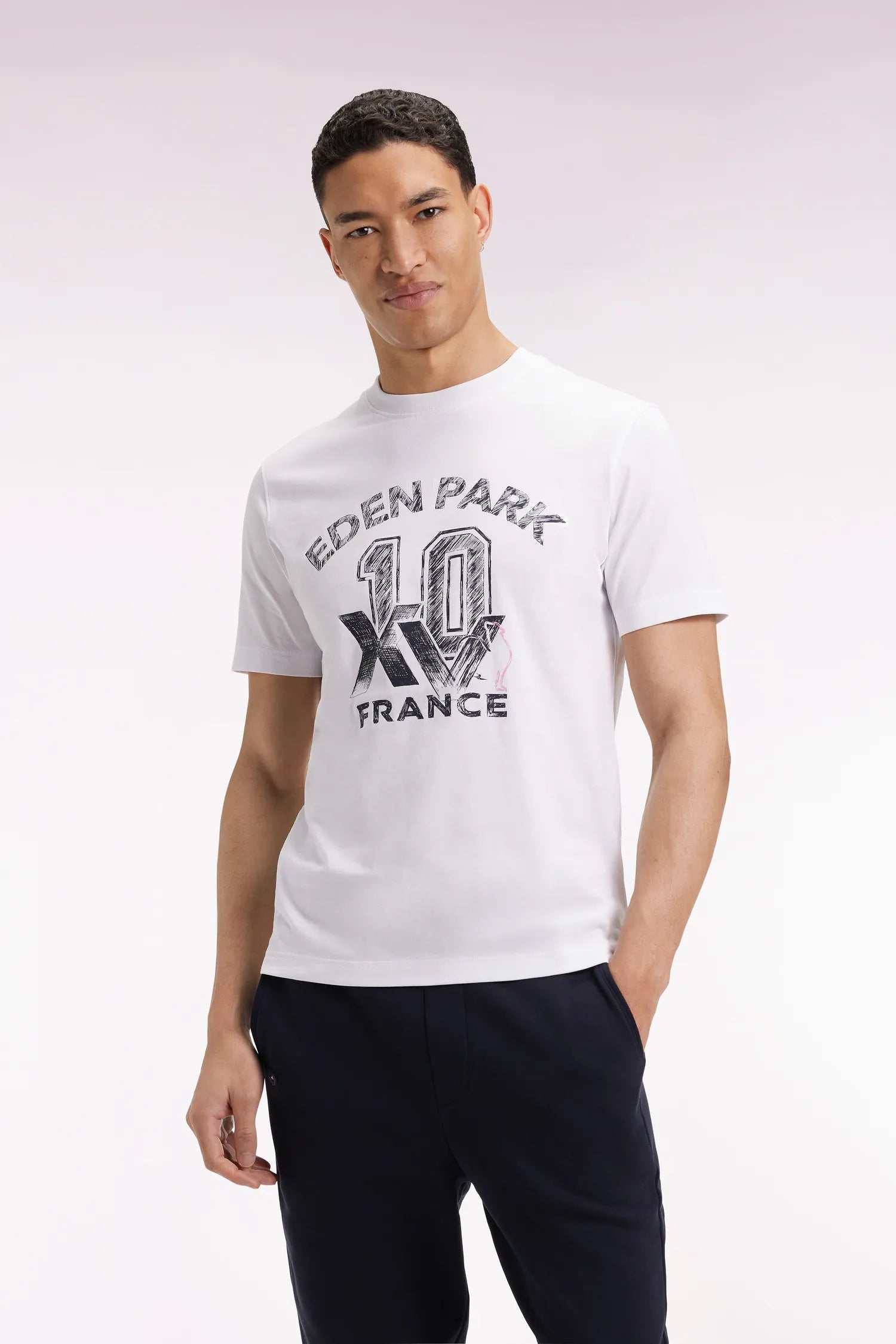 Eden Park_0_White Short-Sleeved T-Shirt with Xv De France Screen Print_H25MAITC0052_BC_01