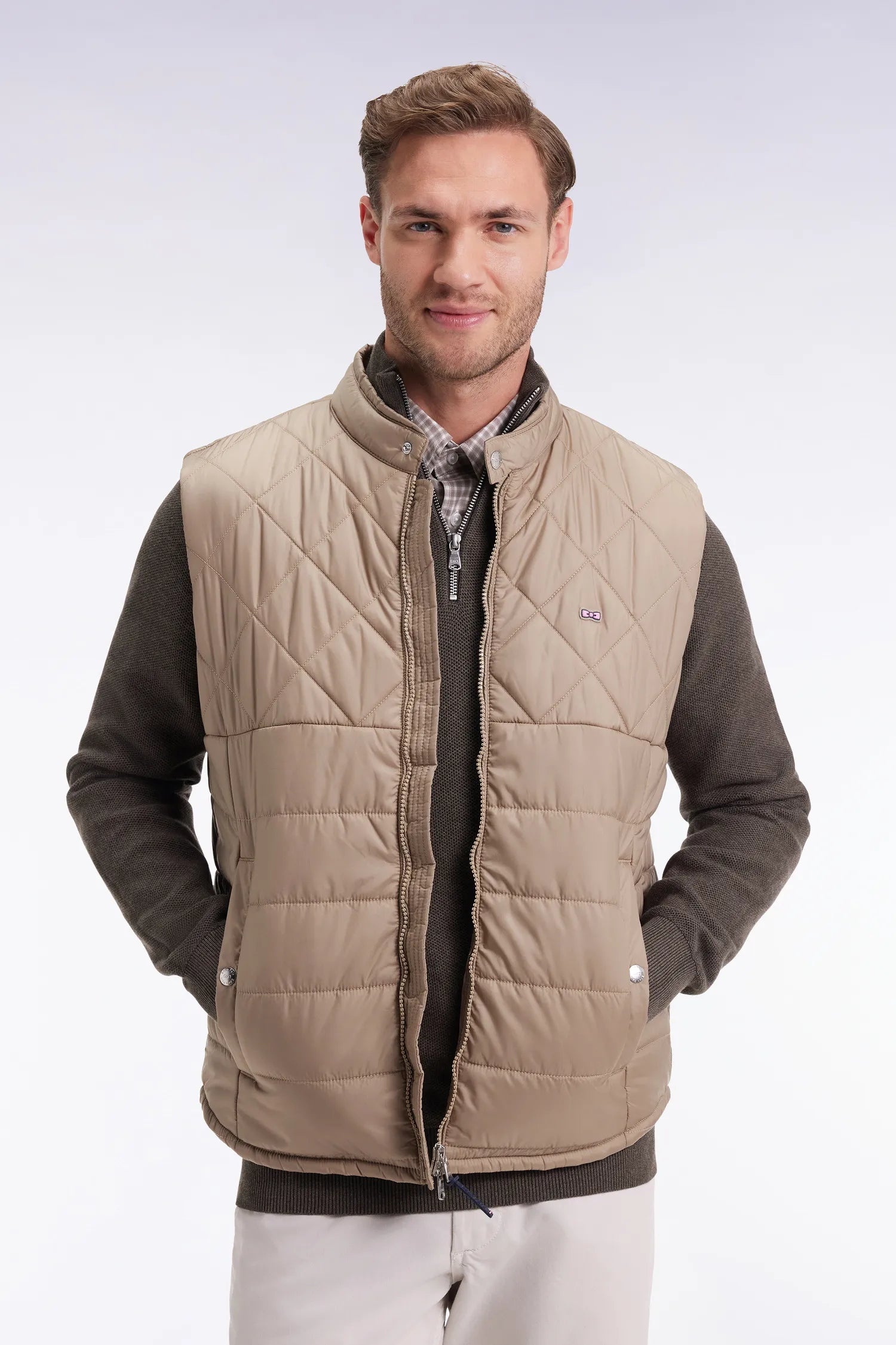 Eden Park_0_Sleeveless Down Jacket with Biker Collar in Beige Quilted Nylon_H25PAMDS0003_BEM27_01