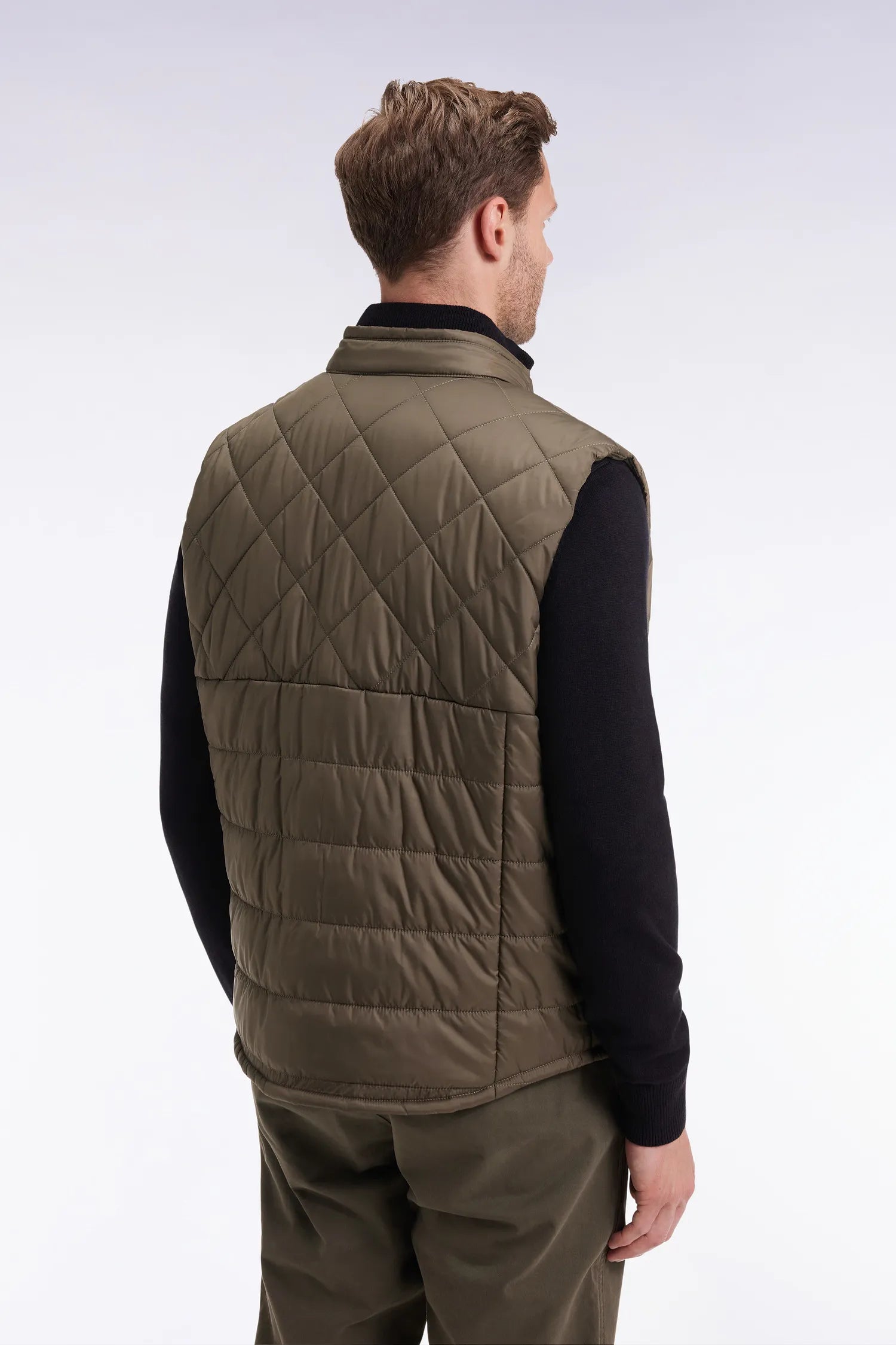 Eden Park_Green_Khaki Quilted Nylon Sleeveless Down Jacket with Biker Collar_H25PAMDS0003_KAF7_05