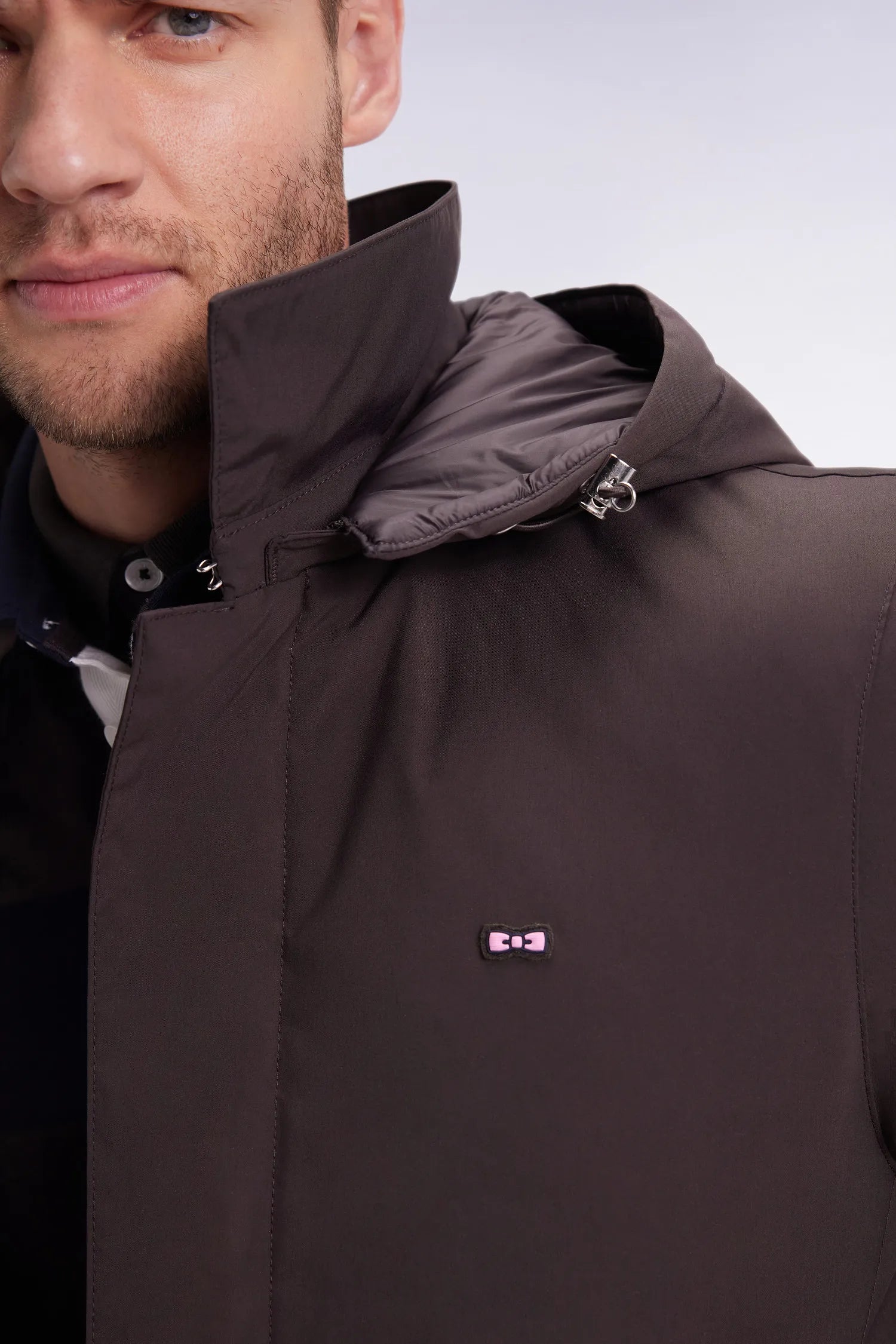 Eden Park_Brown_Long Brown Nylon Raincoat with Removable Hood_H25PAMIM0001_MAF1_04