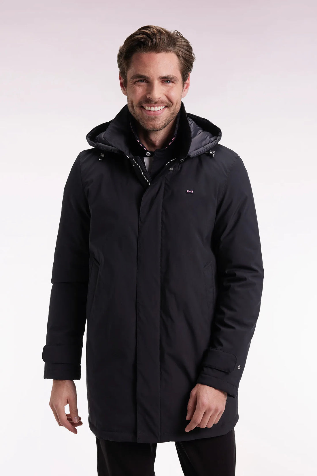 Eden Park_Black_Long Black Nylon Raincoat with Removable Hood_H25PAMIM0001_NO_01