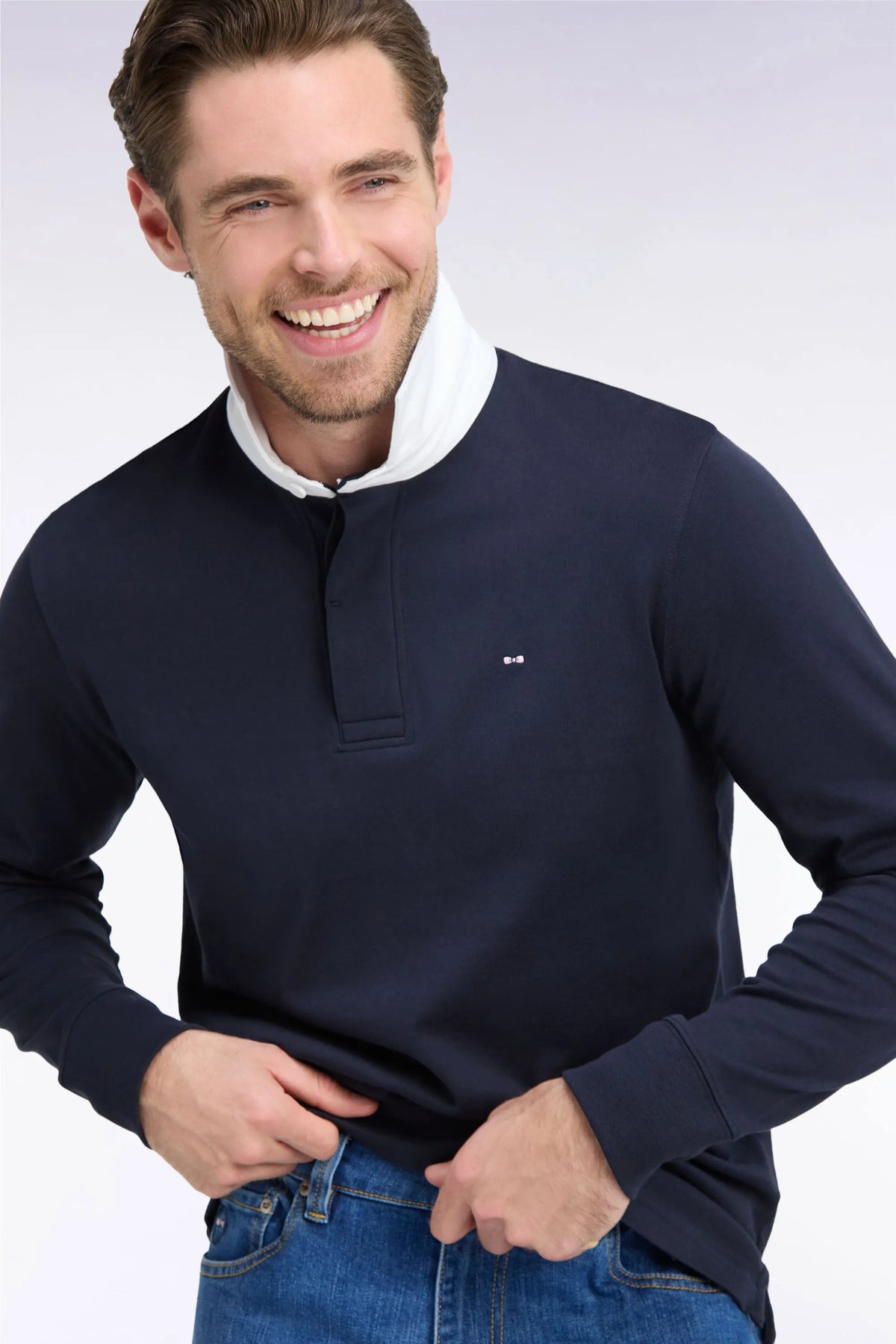 Eden Park 0 Men Straight-Cut Navy Pima Cotton Long-Sleeved Jersey with White Collar SKU: H26MAIML0002_BLF Image 03