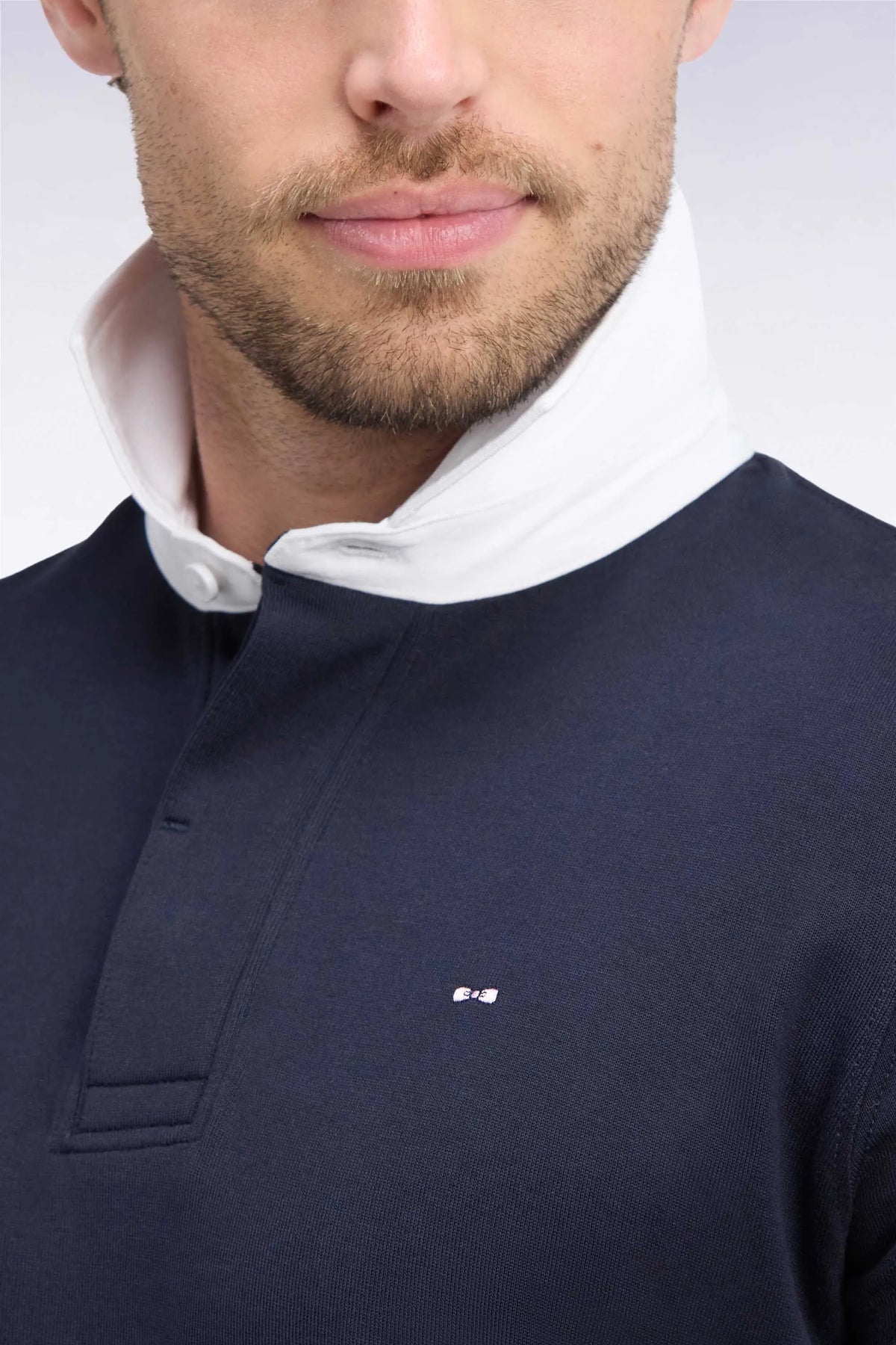 Eden Park 0 Men Straight-Cut Navy Pima Cotton Long-Sleeved Jersey with White Collar SKU: H26MAIML0002_BLF Image 06