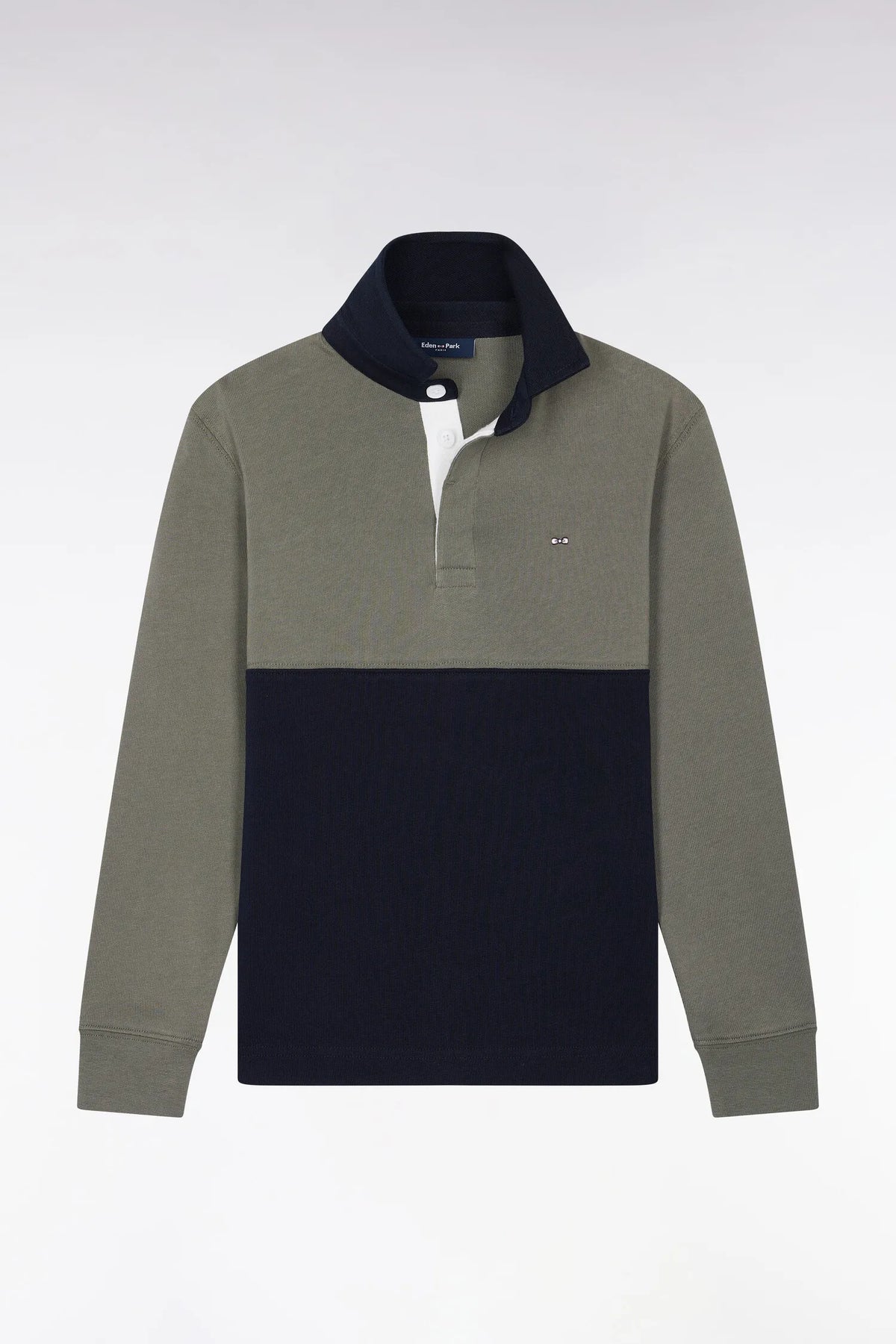 Eden Park 0 Boys Two-Tone Long-Sleeved Jersey in Khaki and Navy Cotton with a Straight Cut SKU: H26MAIML0030_KAF8 Image 01
