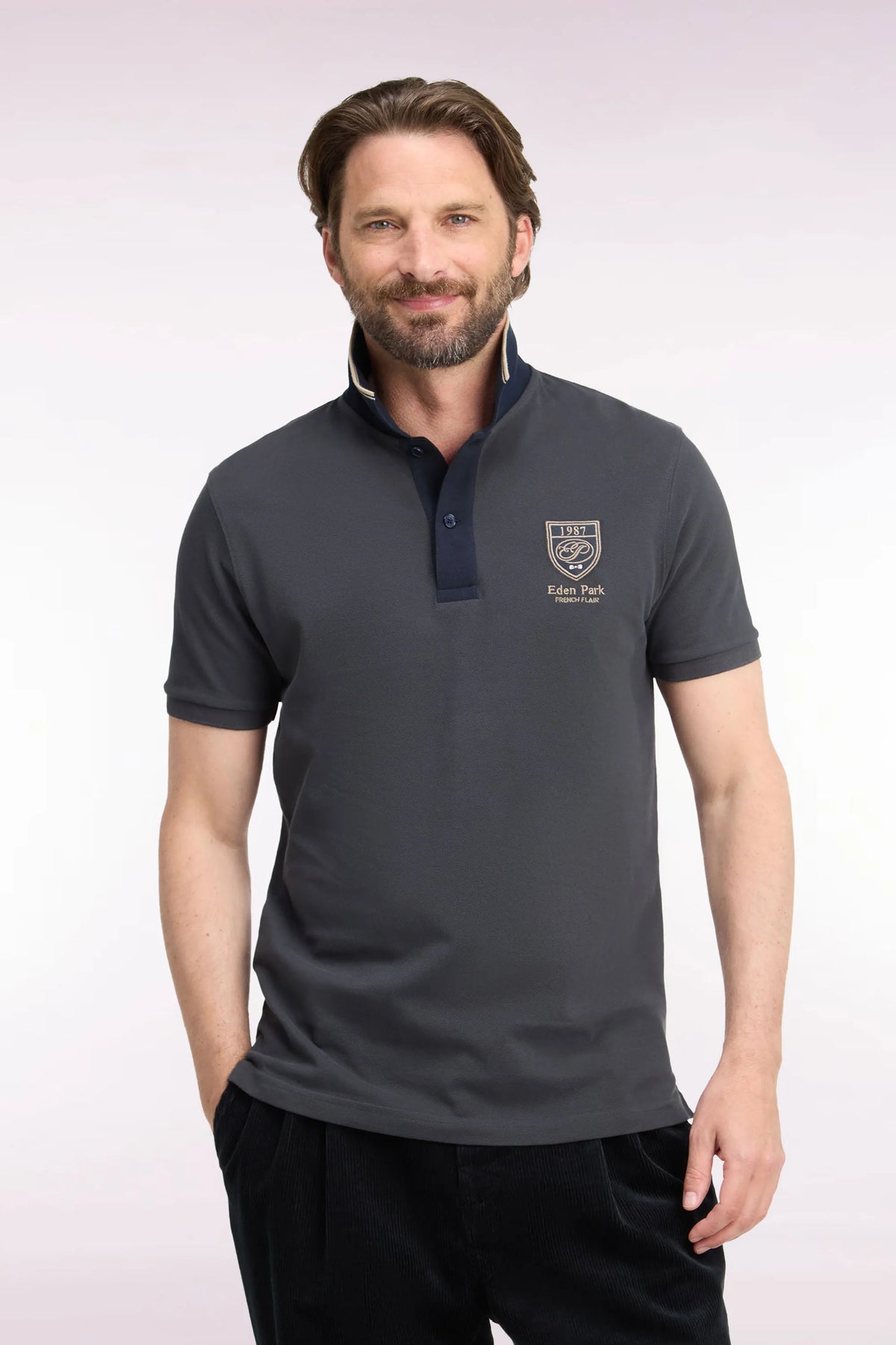 Eden Park Men Short-Sleeved Polo Shirt in Dark Grey Cotton with Straight-Cut Patch SKU: H26MAIPC0037_GRF1 Image 01