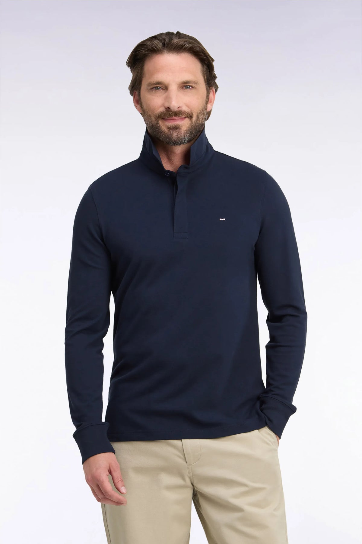 Eden Park Men Slim-Fit Navy Stretch Cotton Long-Sleeved Polo Shirt SKU: H26MAIPL0005_BLF Image 01