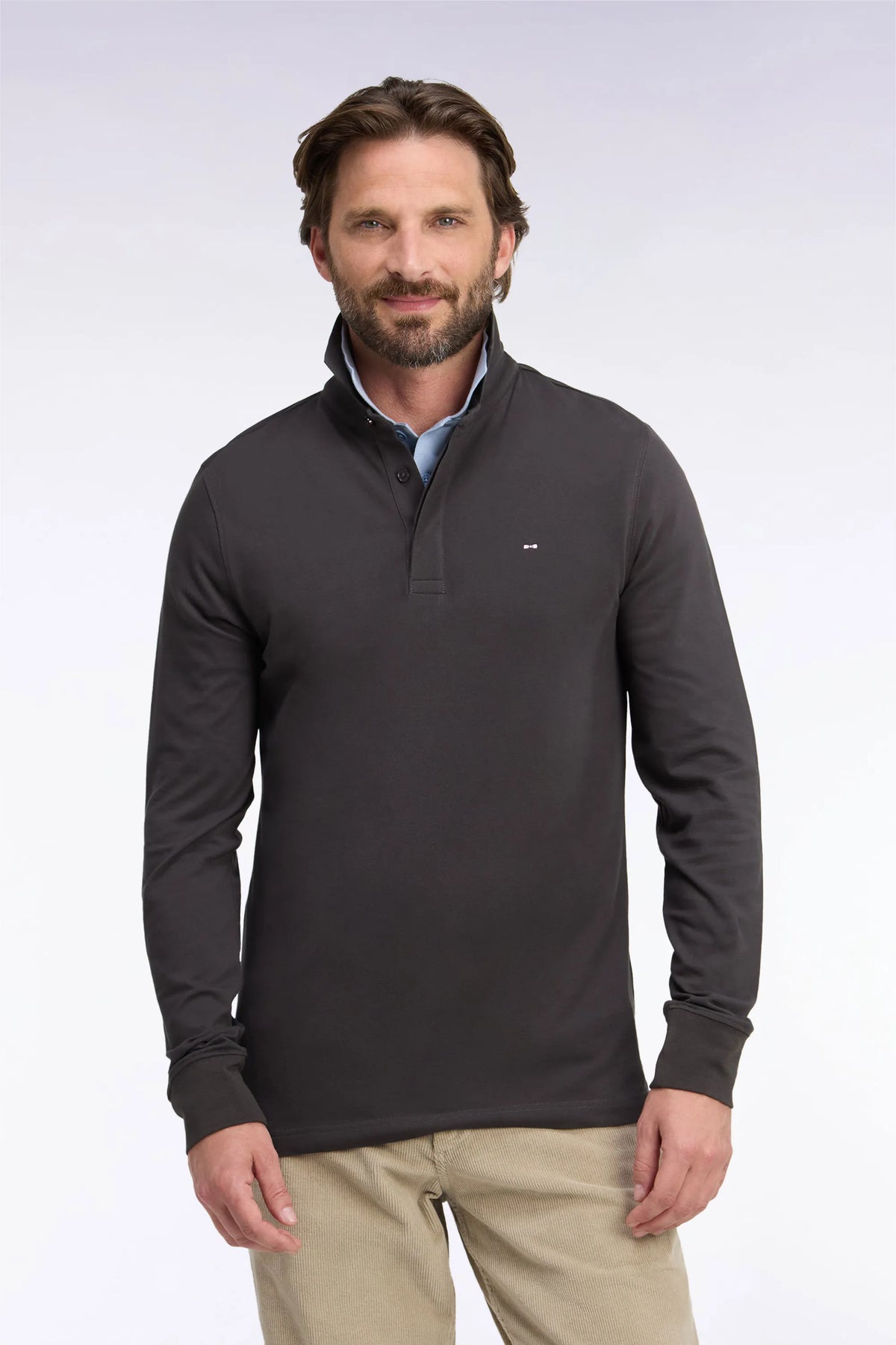 Eden Park Men Slim-Fit Brown Stretch Cotton Long-Sleeved Polo Shirt SKU: H26MAIPL0005_MAF1 Image 01