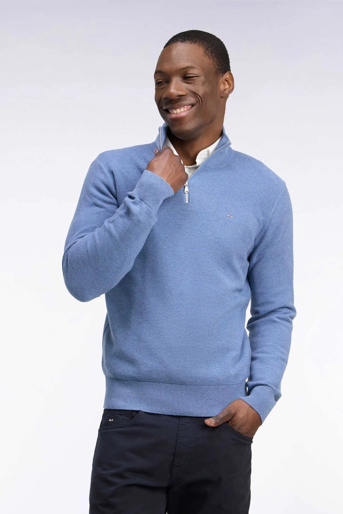 Eden Park 0 Men Straight-Cut Blue Cotton Trucker Collar Sweater SKU: H26MAIPU0006_BLC8 Image 03