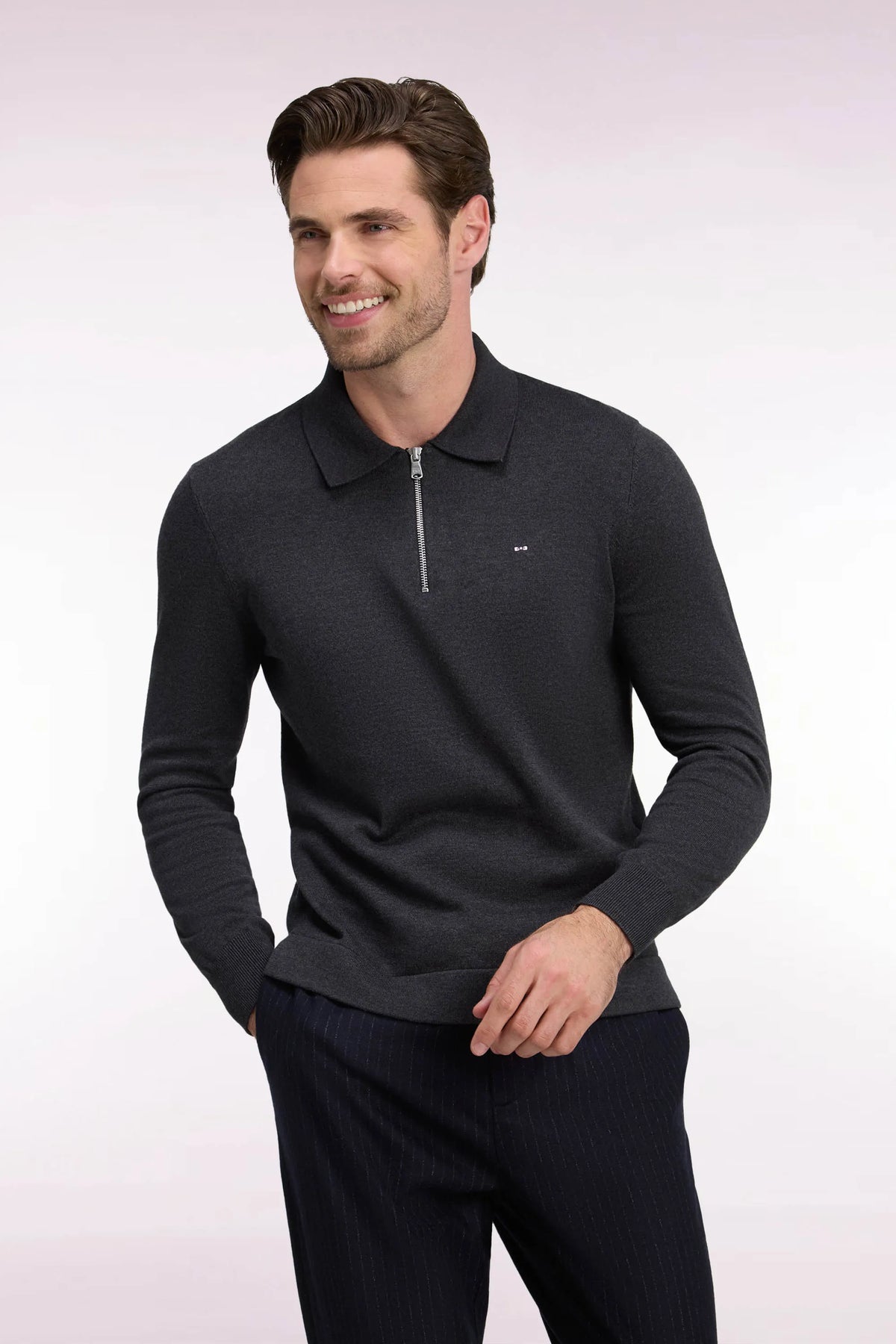 Eden Park 0 Men Straight-Cut Dark Grey Cotton and Viscose Zip-Up Polo Collar Sweater SKU: H26MAIPU0040_GRF11 Image 03