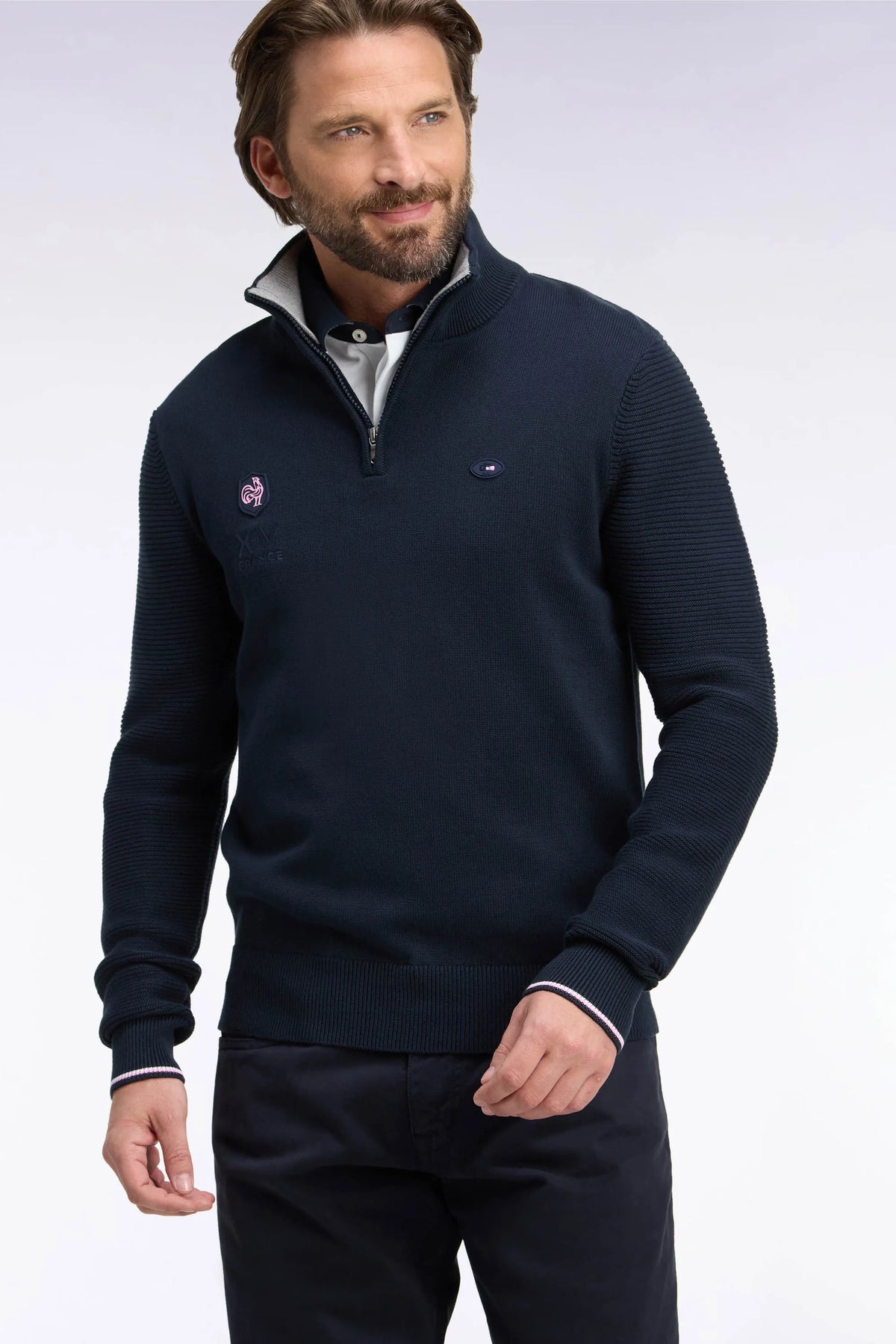 Eden Park 0 Men Sweater with Zipped High Neck in Navy Cotton Embroidery Xv De France Regular Fit SKU: H26MAIPU0083_BLF Image 03