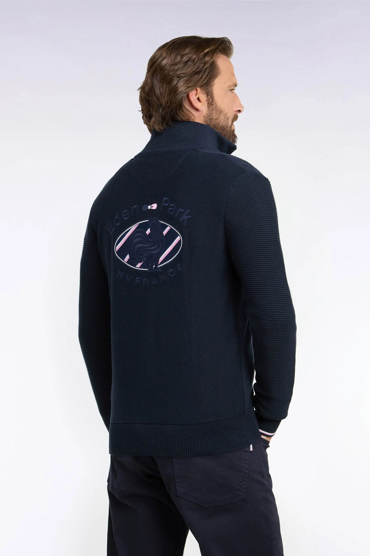 Eden Park 0 Men Sweater with Zipped High Neck in Navy Cotton Embroidery Xv De France Regular Fit SKU: H26MAIPU0083_BLF Image 04