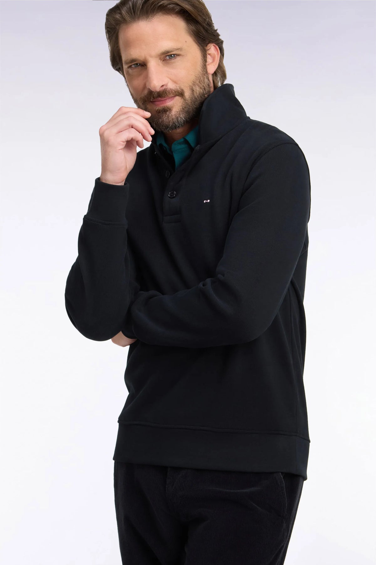Eden Park 0 Men Straight-Cut Black Cotton Polo Neck Sweatshirt SKU: H26MAISW0004_NO Image 03