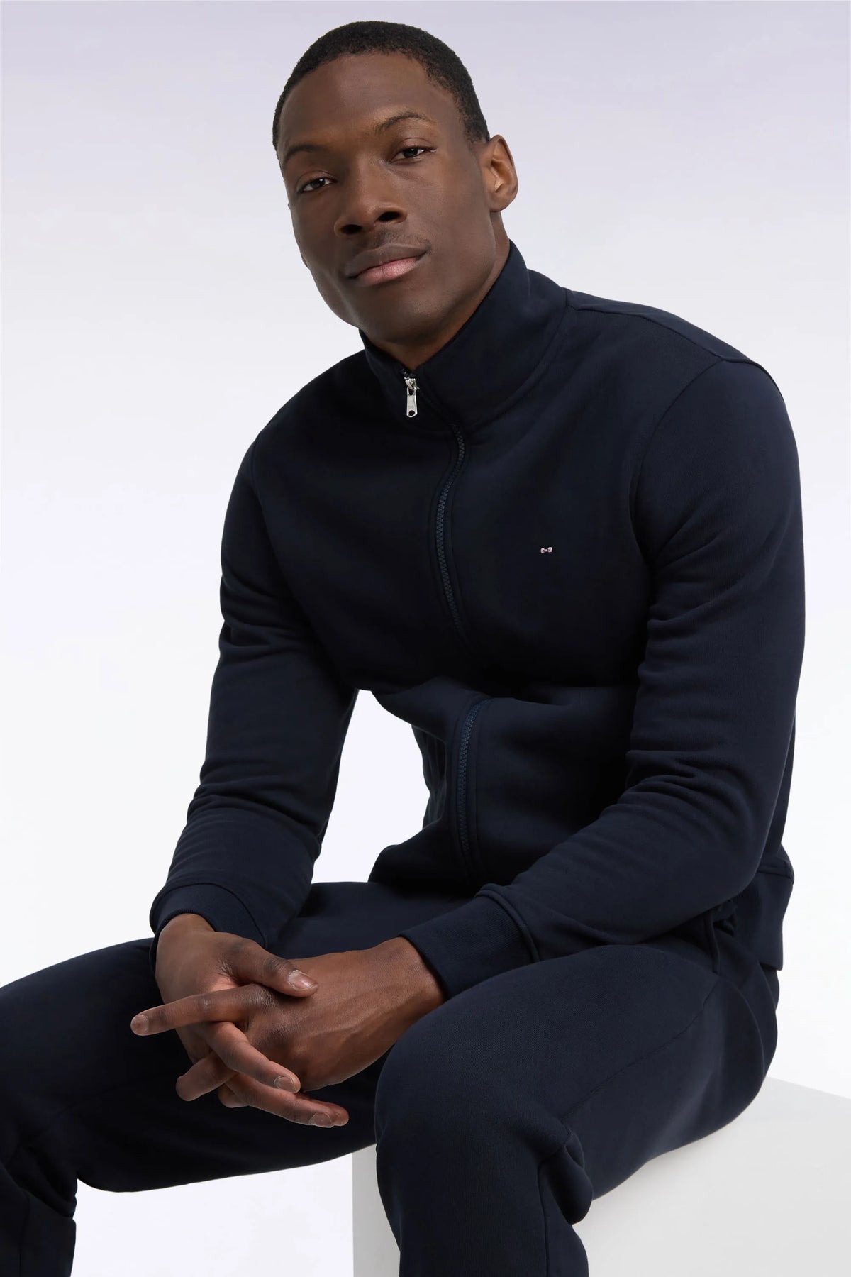 Eden Park 0 Men Zip-Up Sweatshirt with Trucker Collar in Navy Cotton with a Straight Cut SKU: H26MAISW0006_BLF Image 03